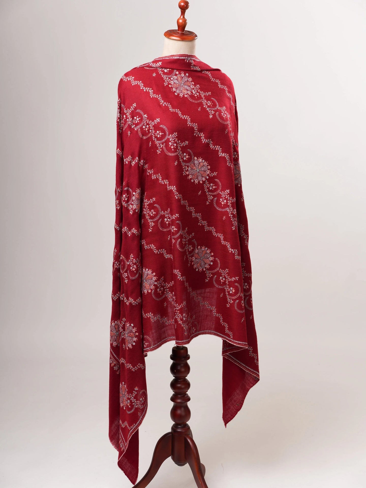 Red Kashmiri Pashmina Shawl with Khatras Sozni Hand Embroidery Shahkaar