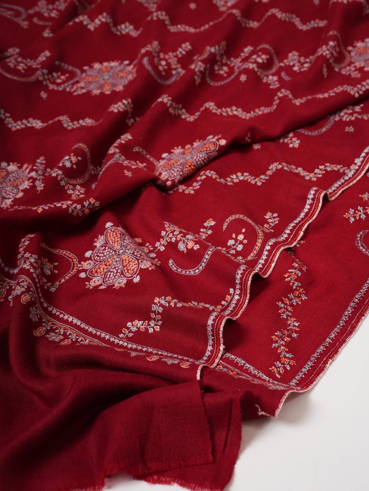 Red Kashmiri Pashmina Shawl with Khatras Sozni Hand Embroidery Shahkaar