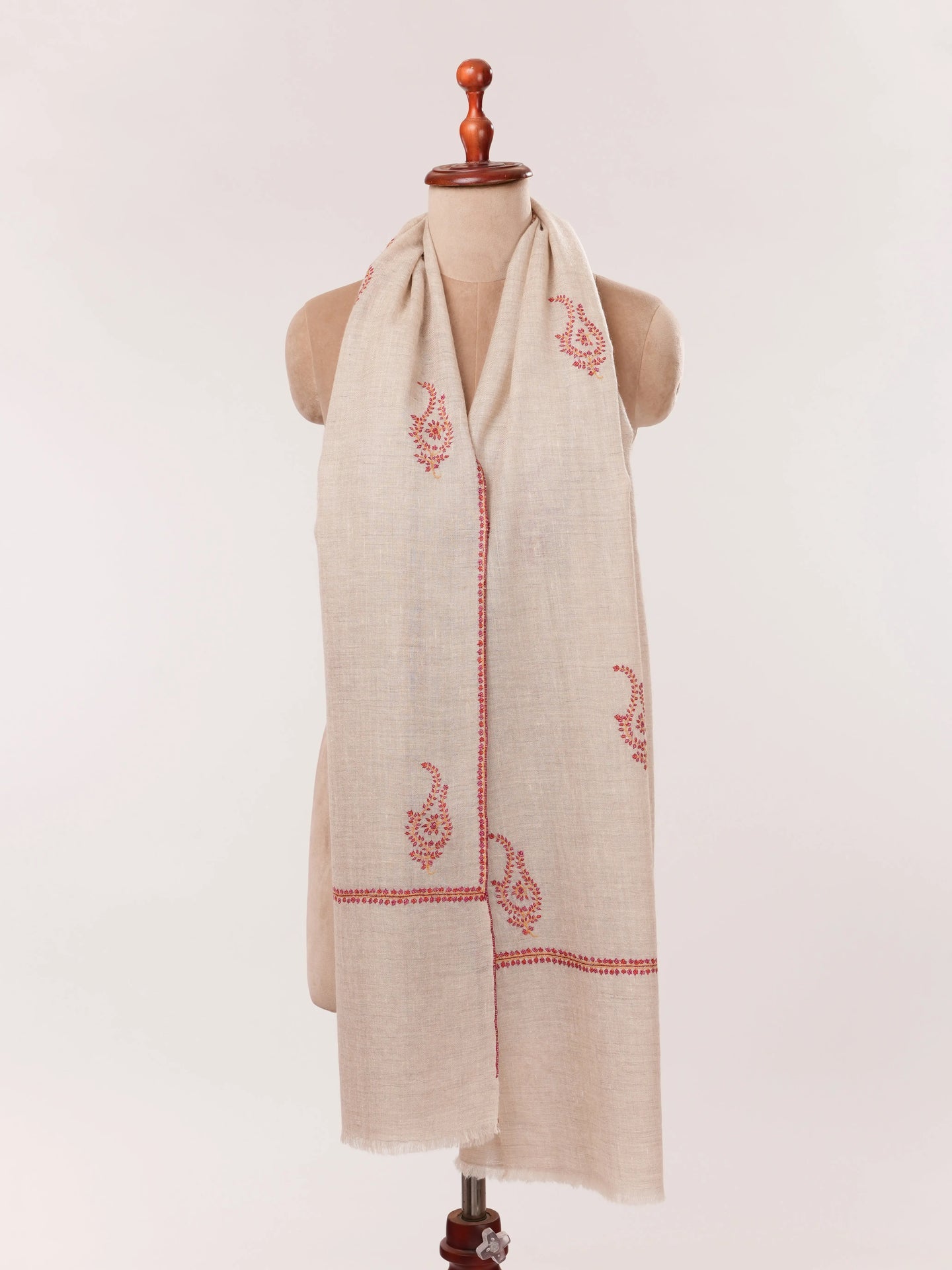 Natural Taupe Handwoven Cashmere Scarf with Sozni Hand Embroidery Shahkaar.com