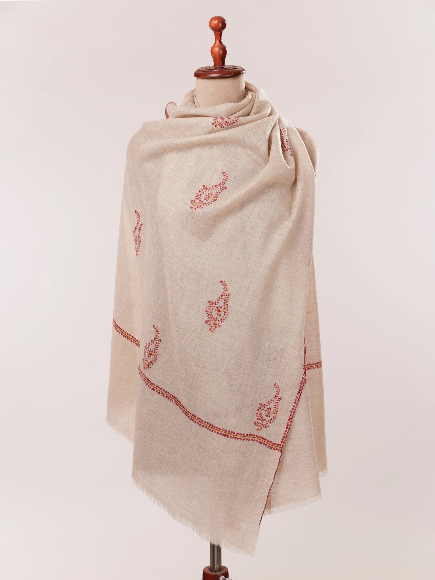 Natural Taupe Handwoven Cashmere Scarf with Sozni Hand Embroidery Shahkaar.com