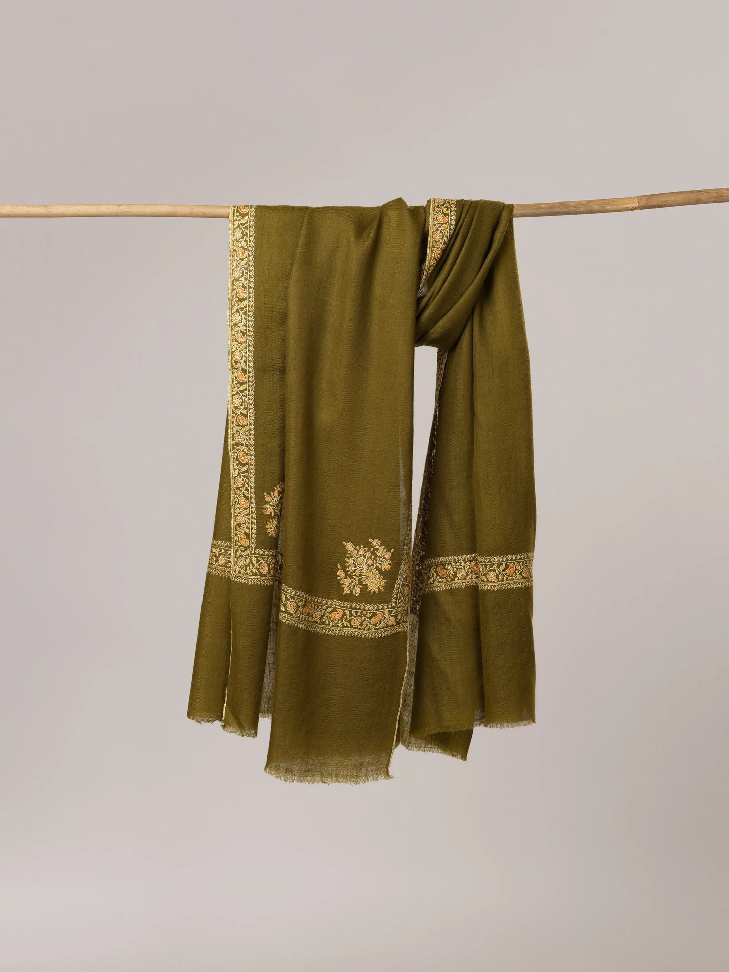 Olive Hashia Hand Embroidered Pure Pashmina Shawl Shahkaar.com