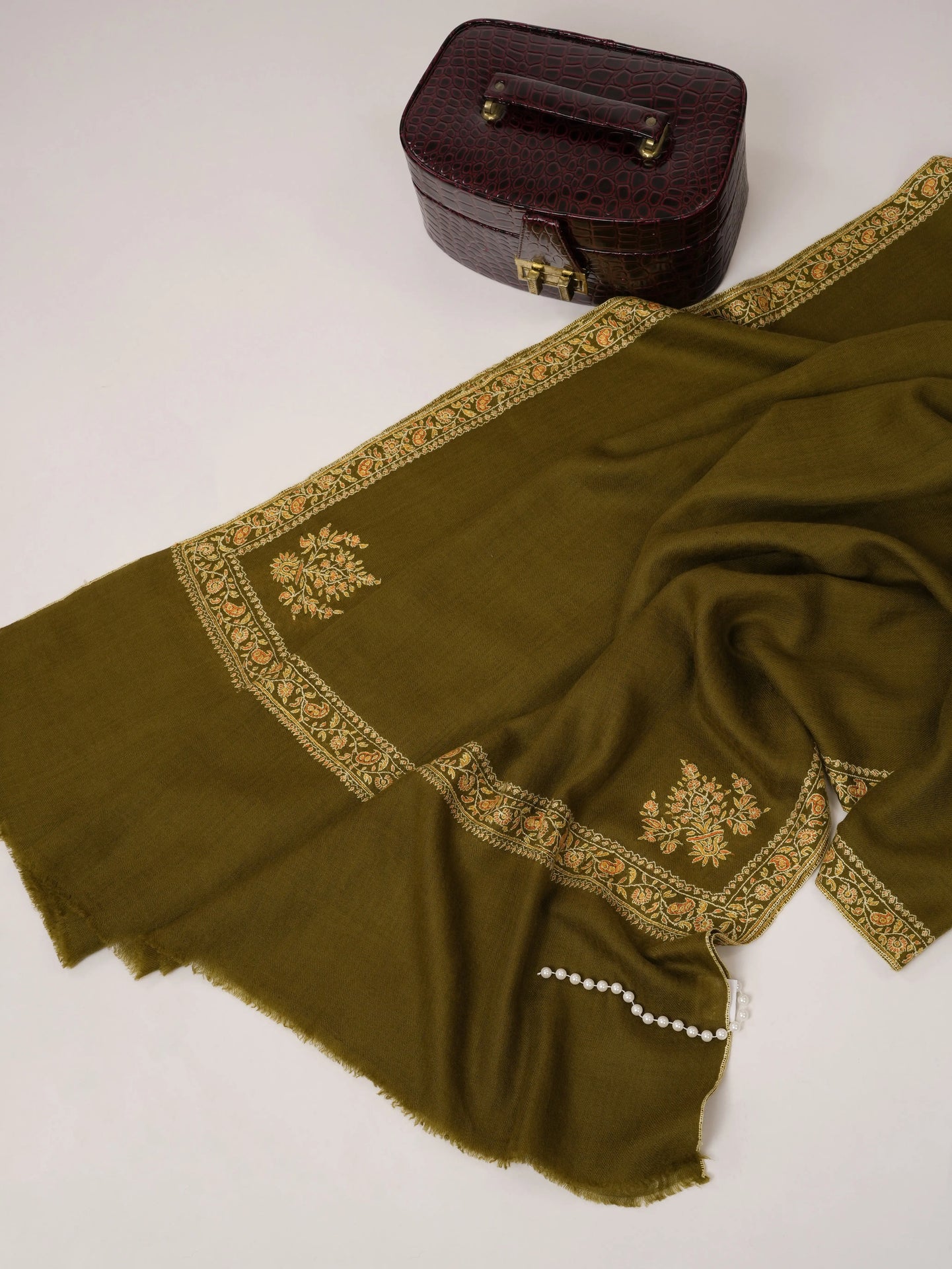 Olive Hashia Hand Embroidered Pure Pashmina Shawl Shahkaar.com