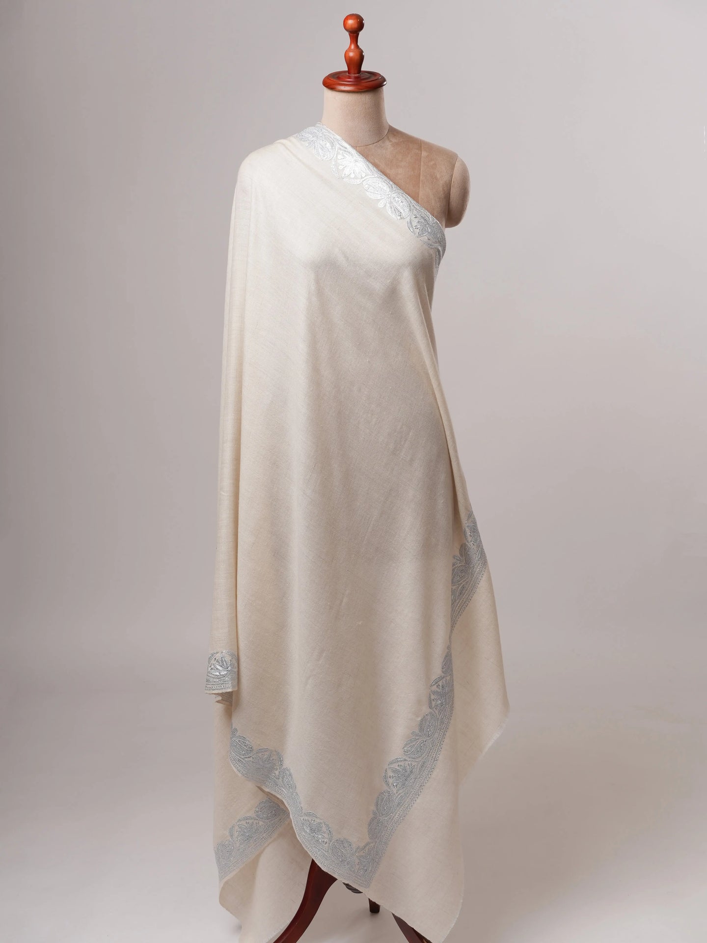Handwoven White Pashmina with Traditional Silver Tilla Embroidery Shahkaar