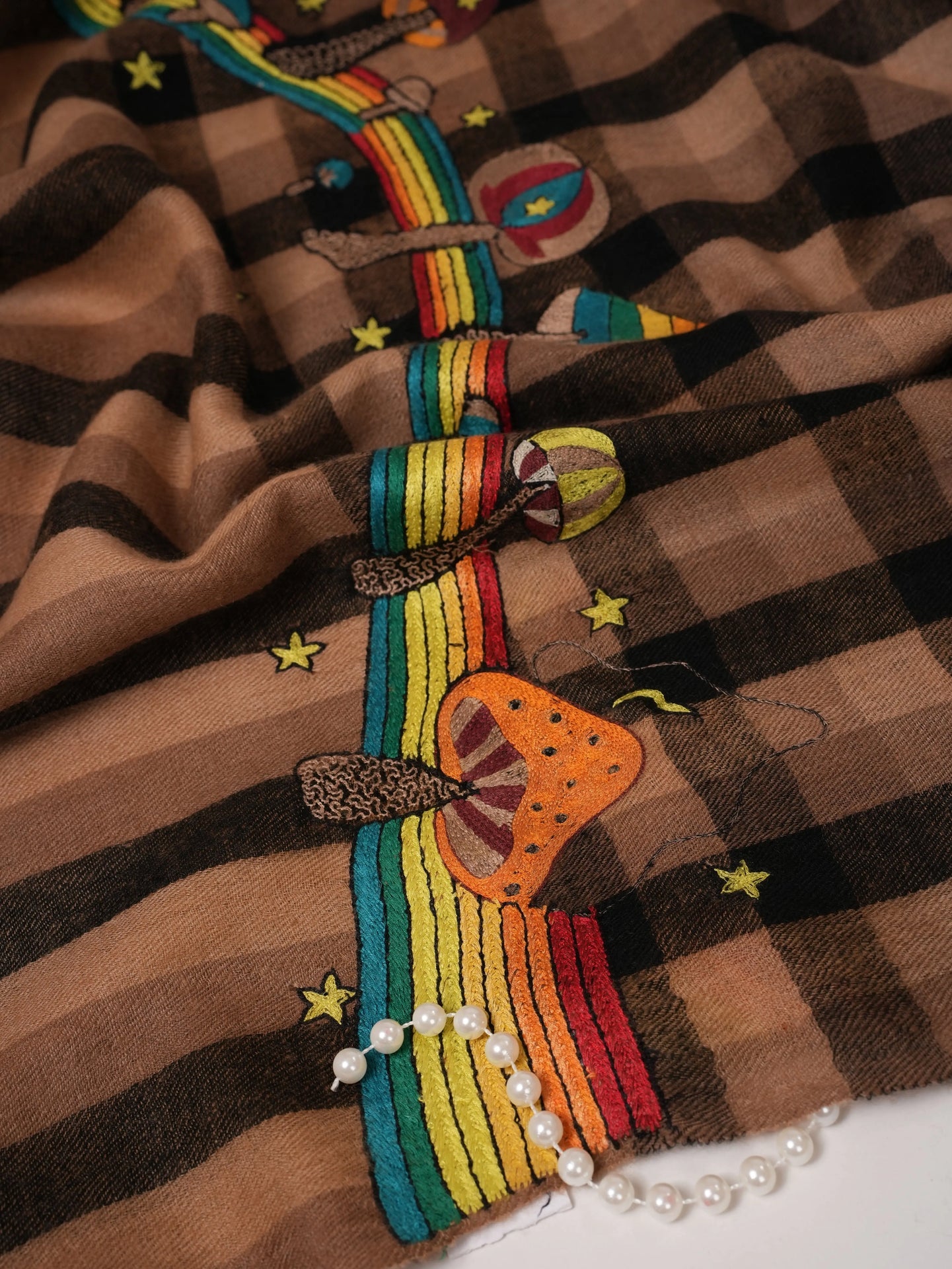 Rainbow Mushroom Palla Hook Hand Embroidered Cashmere Scarf Shahkaar.com