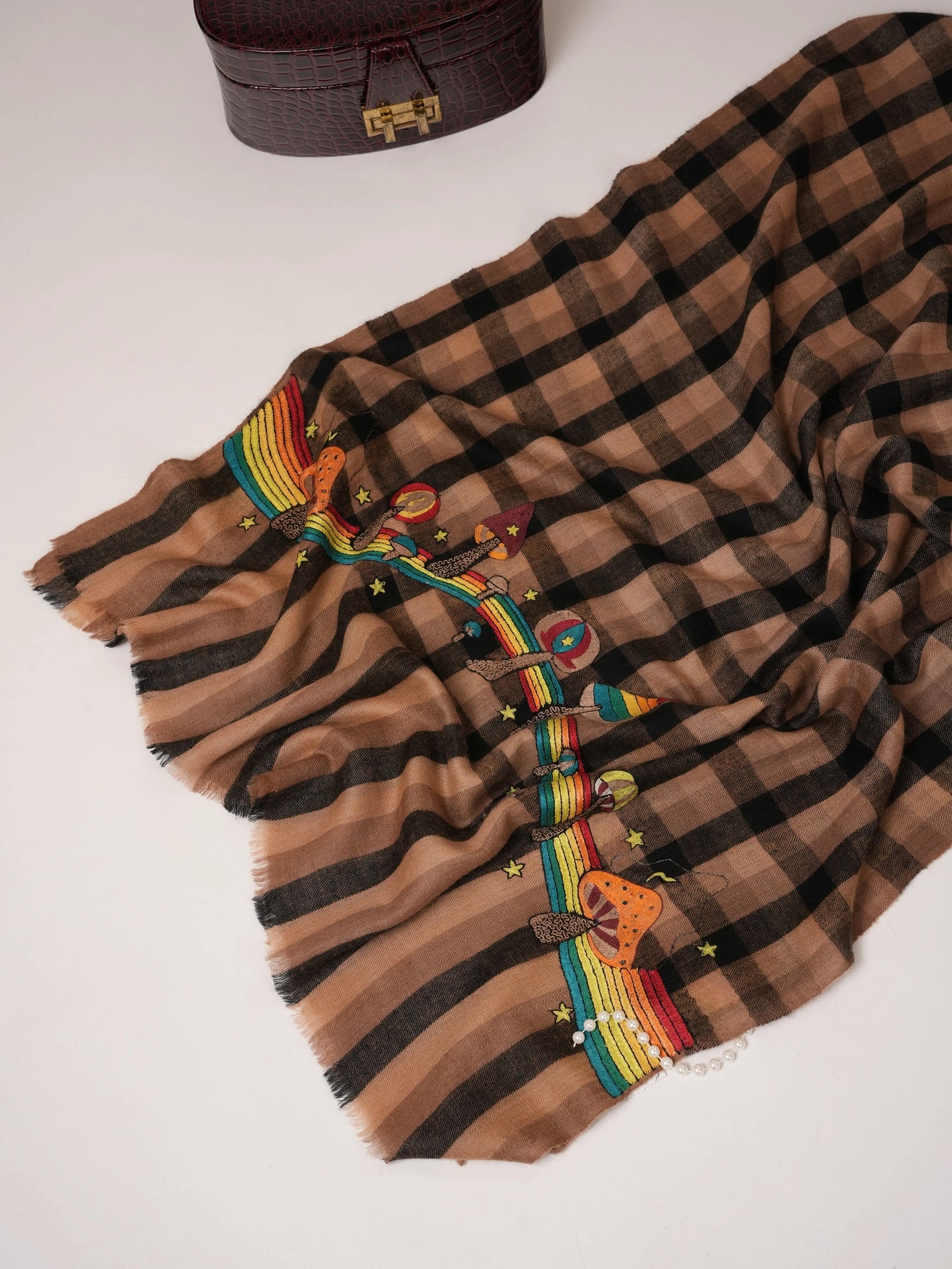Rainbow Mushroom Palla Hook Hand Embroidered Cashmere Scarf Shahkaar.com