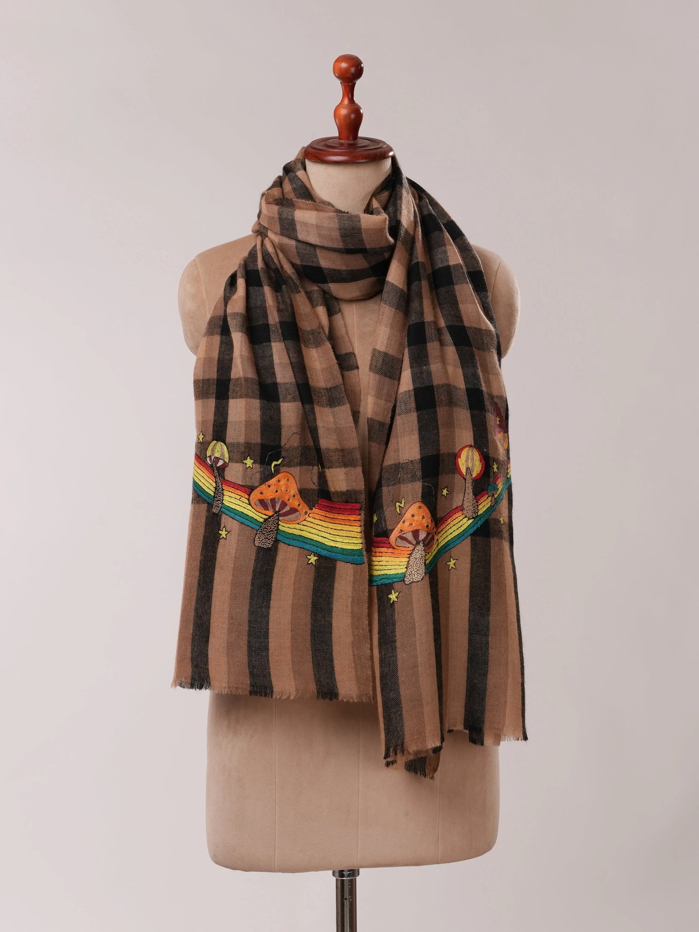 Rainbow Mushroom Palla Hook Hand Embroidered Cashmere Scarf Shahkaar.com