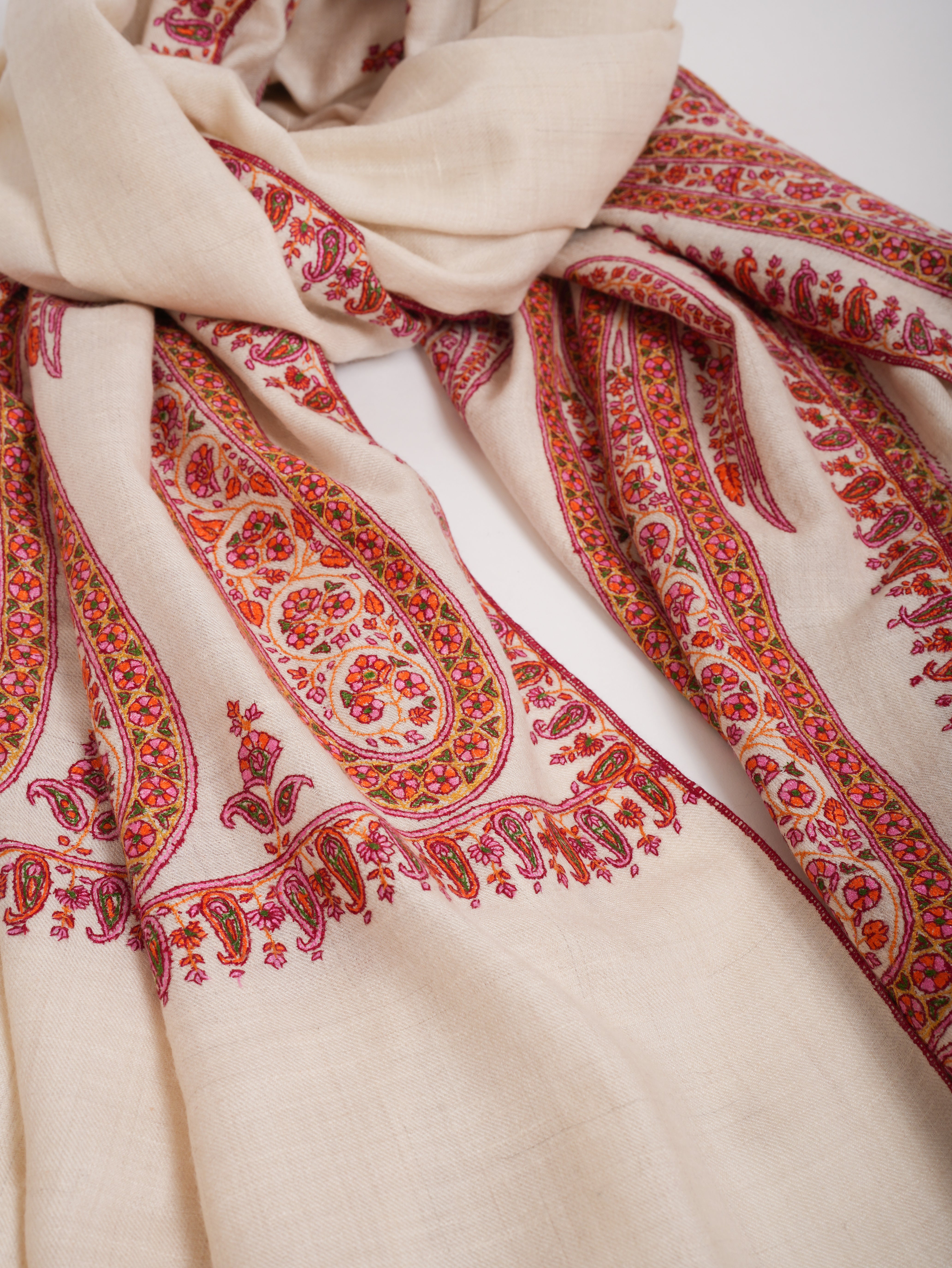 Royal Paisley Embroidered Palla Indian Ivory Pashmina Shawl