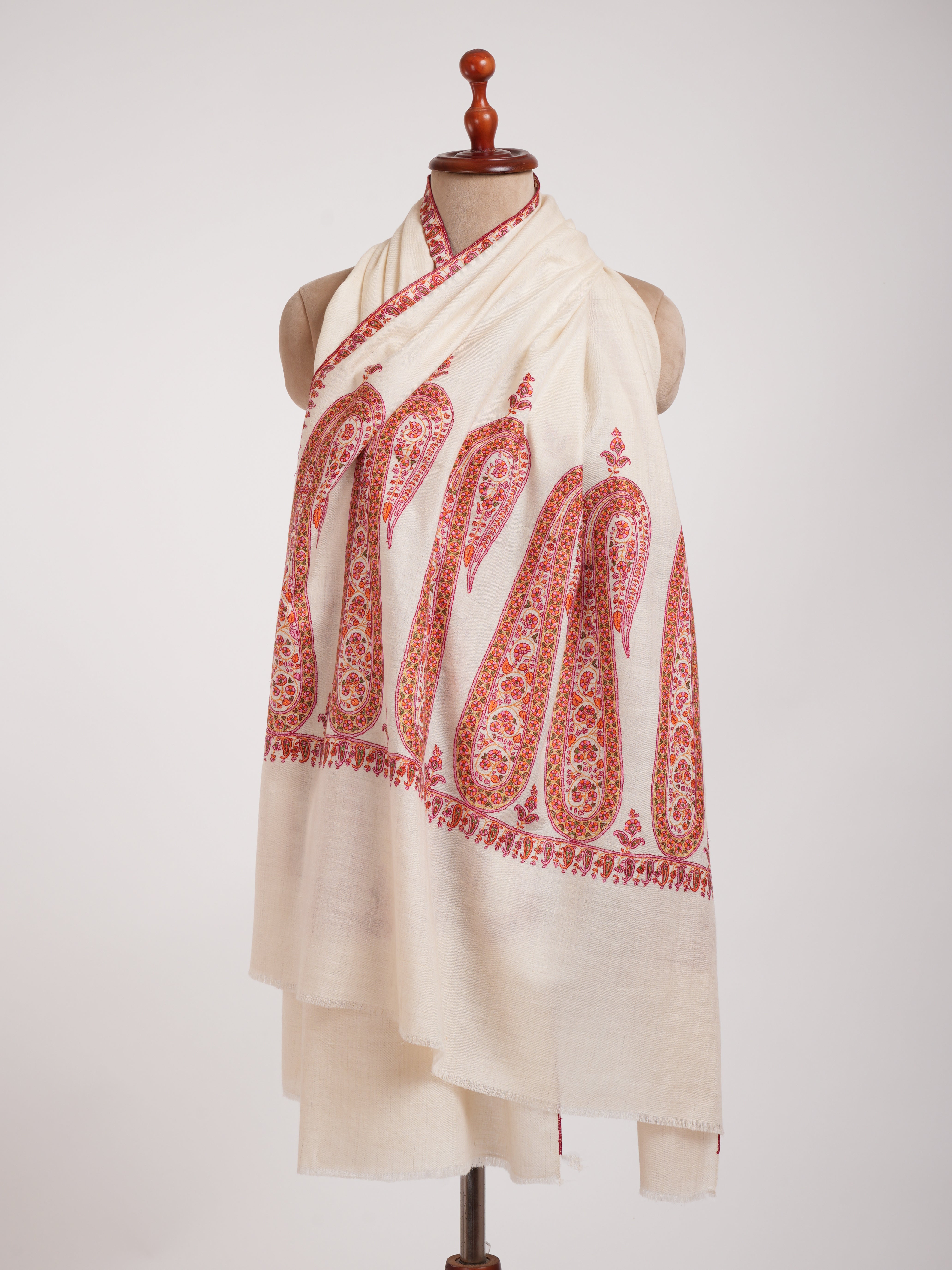 Royal Paisley Embroidered Palla Indian Ivory Pashmina Shawl