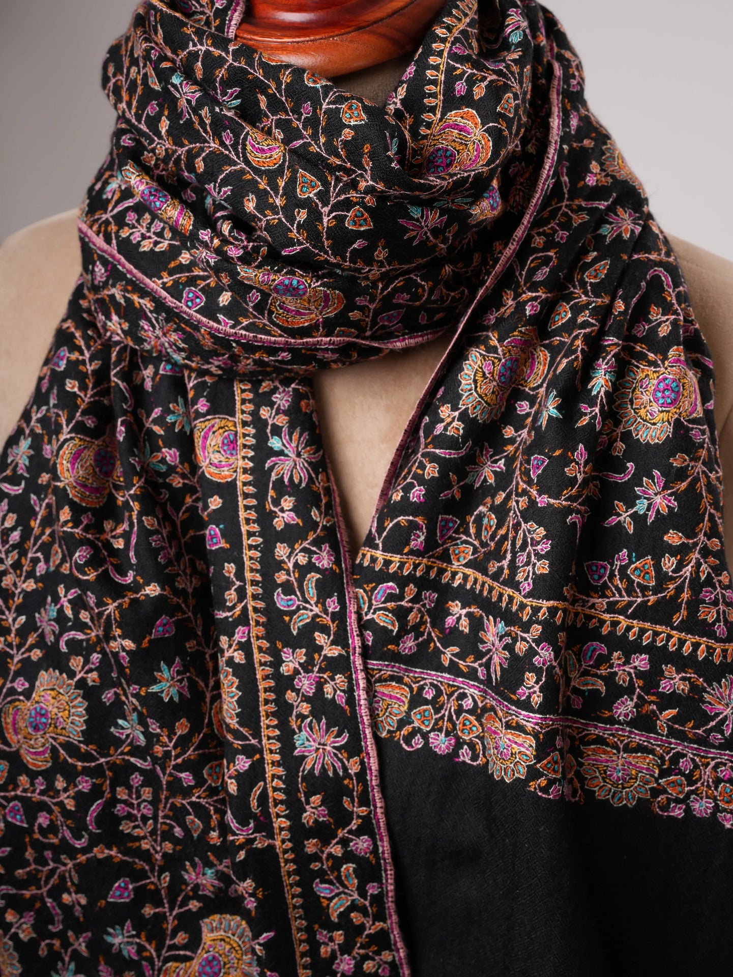 Black Pure Pashmina Shawl with Classic Jali Embroidery Shahkaar