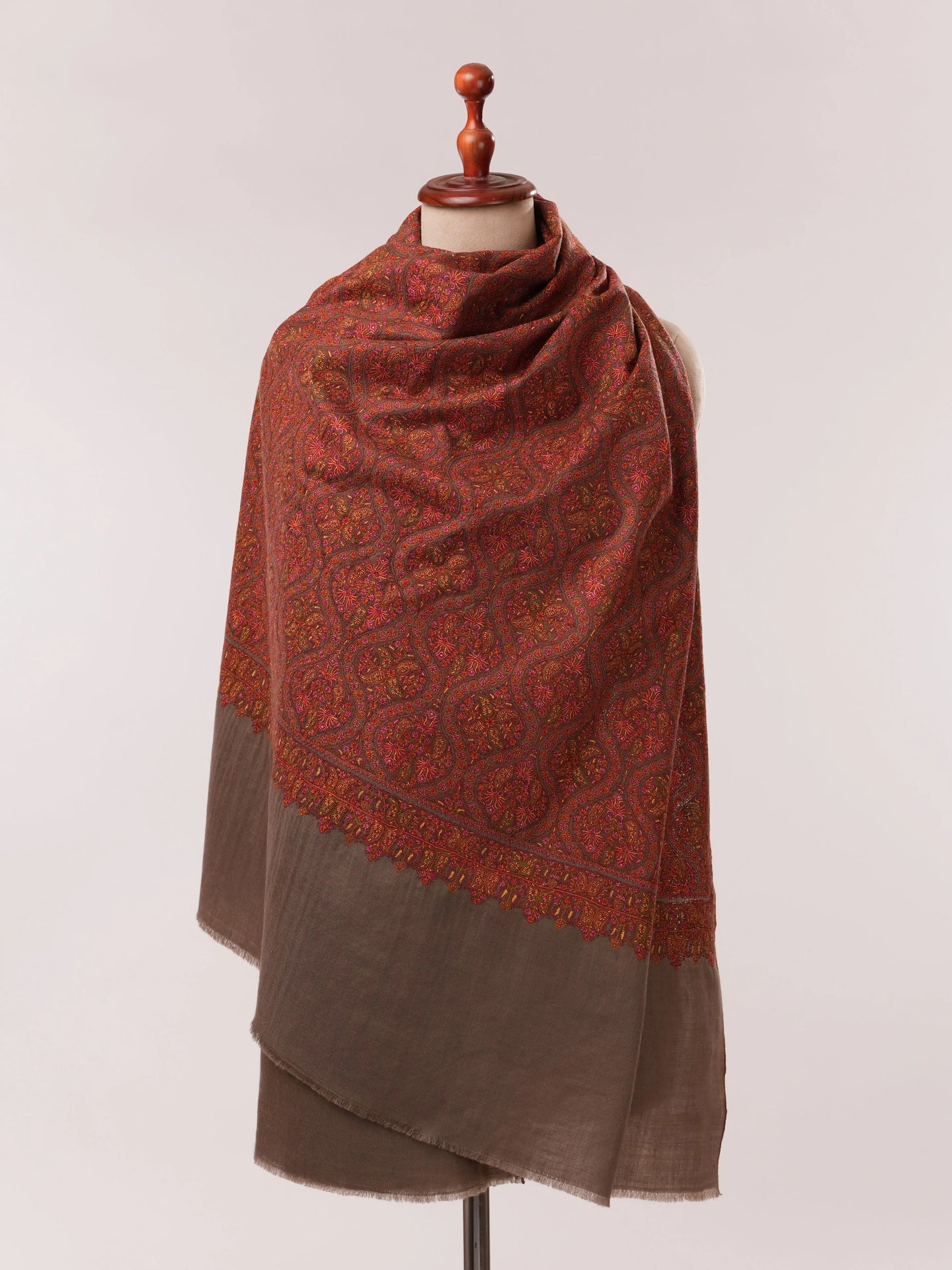 Toosh Color Jamavar Pashmina Shawl with Minute Detailed Silk Hand Embroidery Shahkaar.com
