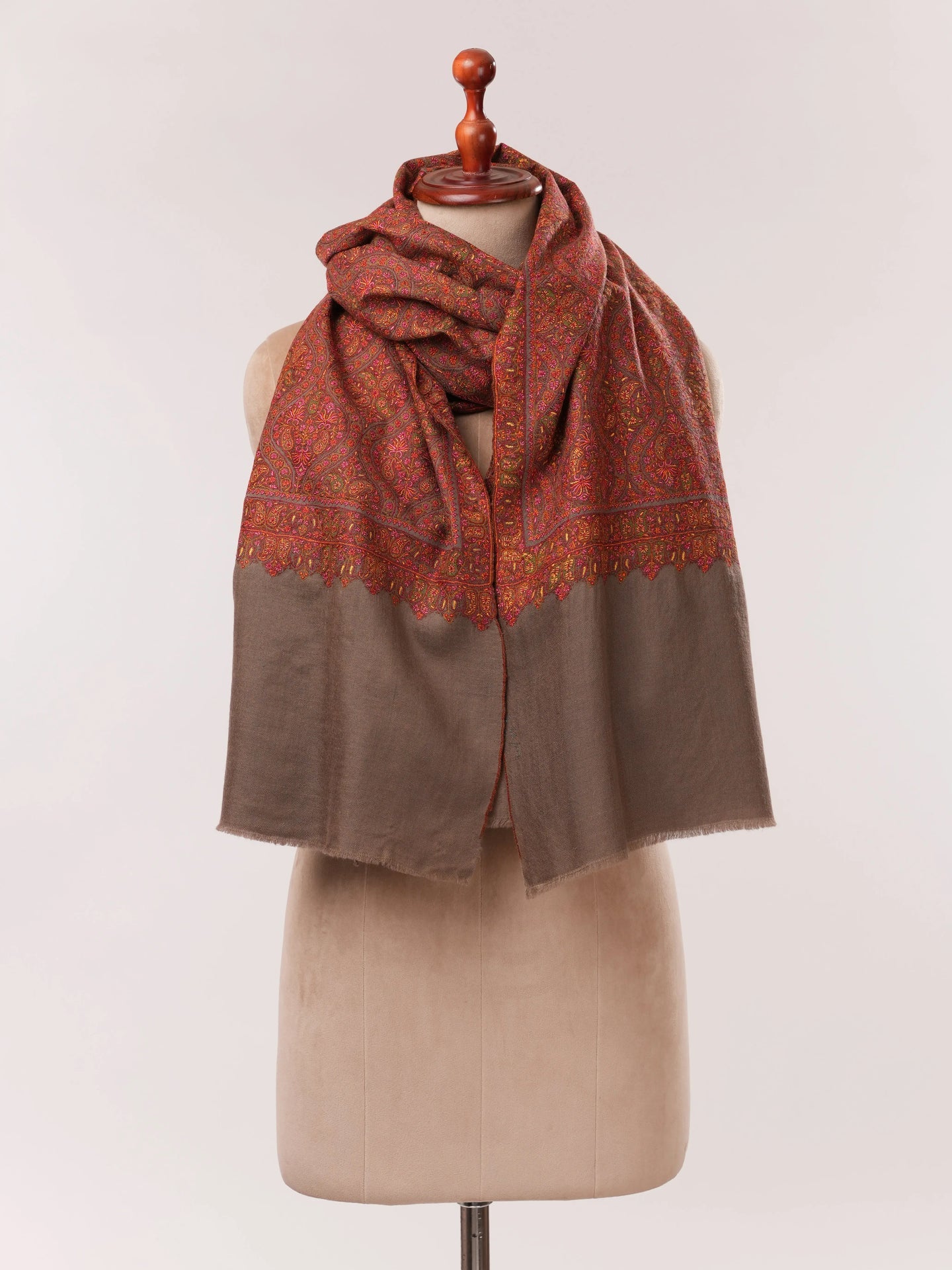 Toosh Color Jamavar Pashmina Shawl with Minute Detailed Silk Hand Embroidery Shahkaar.com