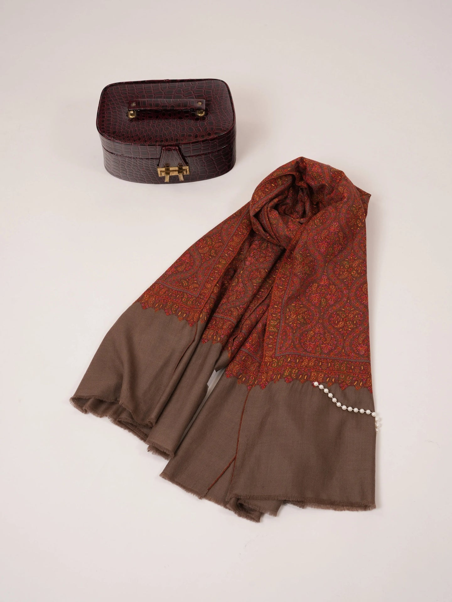 Toosh Color Jamavar Pashmina Shawl with Minute Detailed Silk Hand Embroidery Shahkaar.com