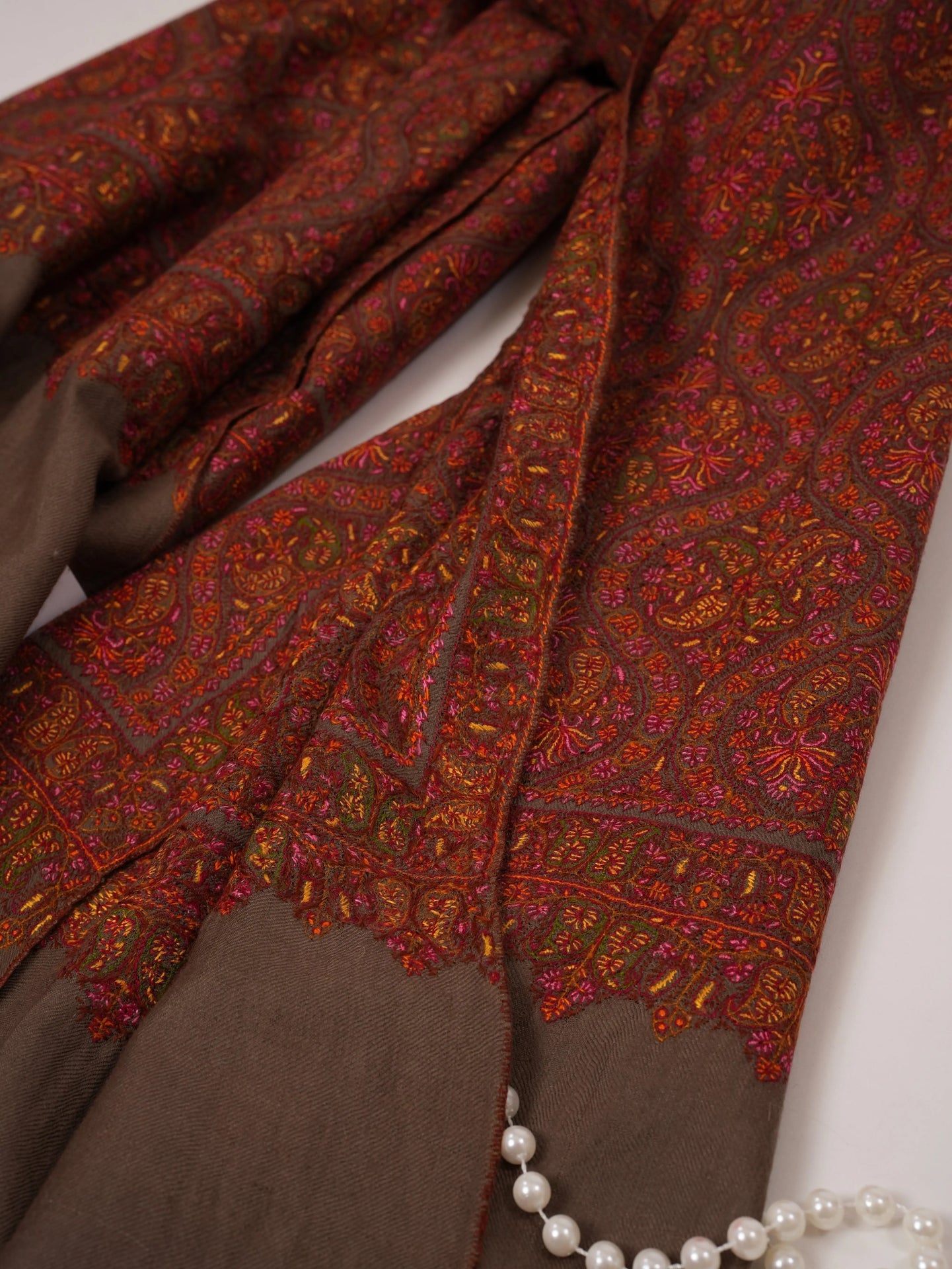 Toosh Color Jamavar Pashmina Shawl with Minute Detailed Silk Hand Embroidery Shahkaar.com