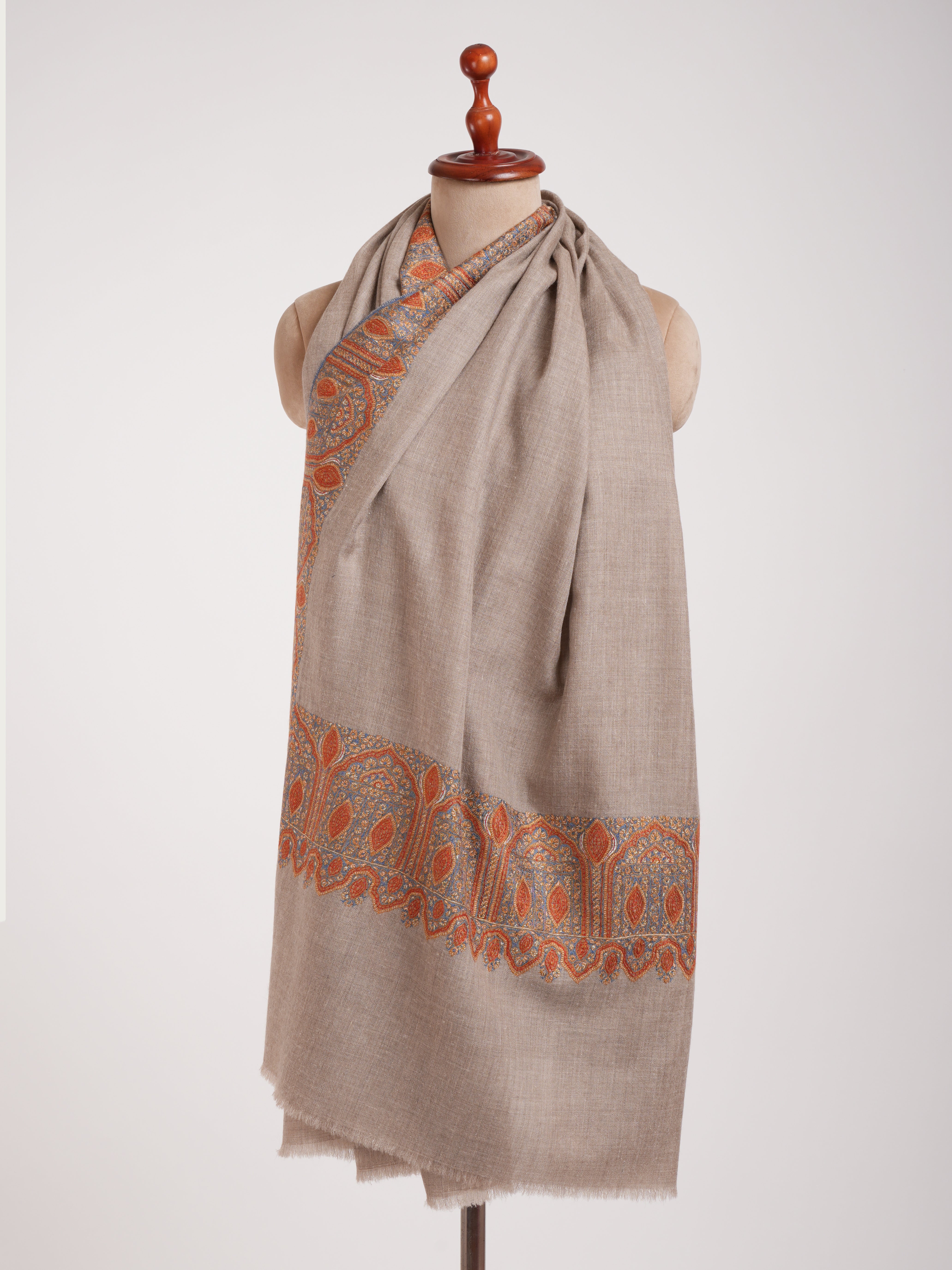 Natural Grey Daurdar Handstitched Authentic Pashmina Shawl