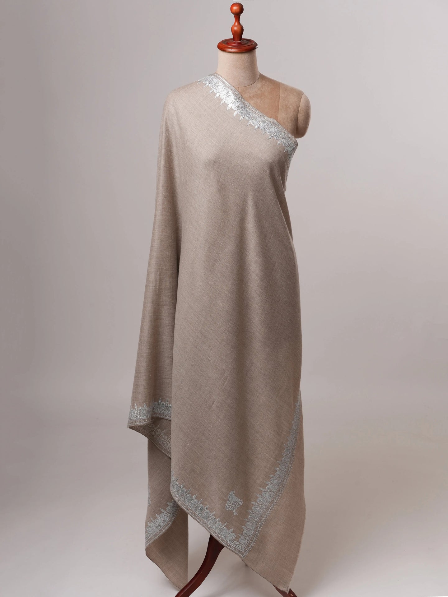 Grey Pashmina Shawl with Handcrafted Hashia Silver Tilla Work Shahkaar