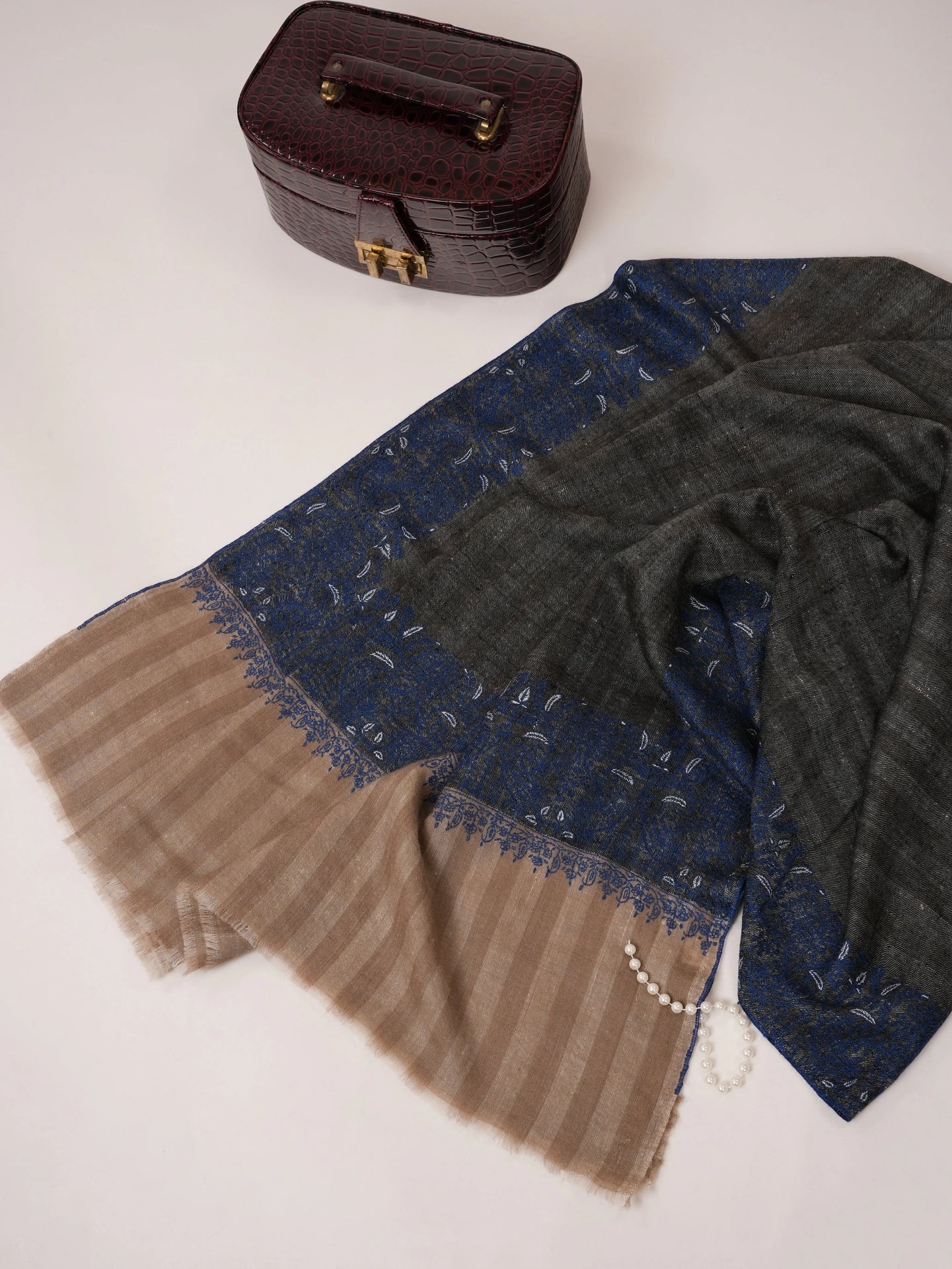 Striped Pashmina Shawl with Daurdar Sozni Embroidery Shahkaar.com