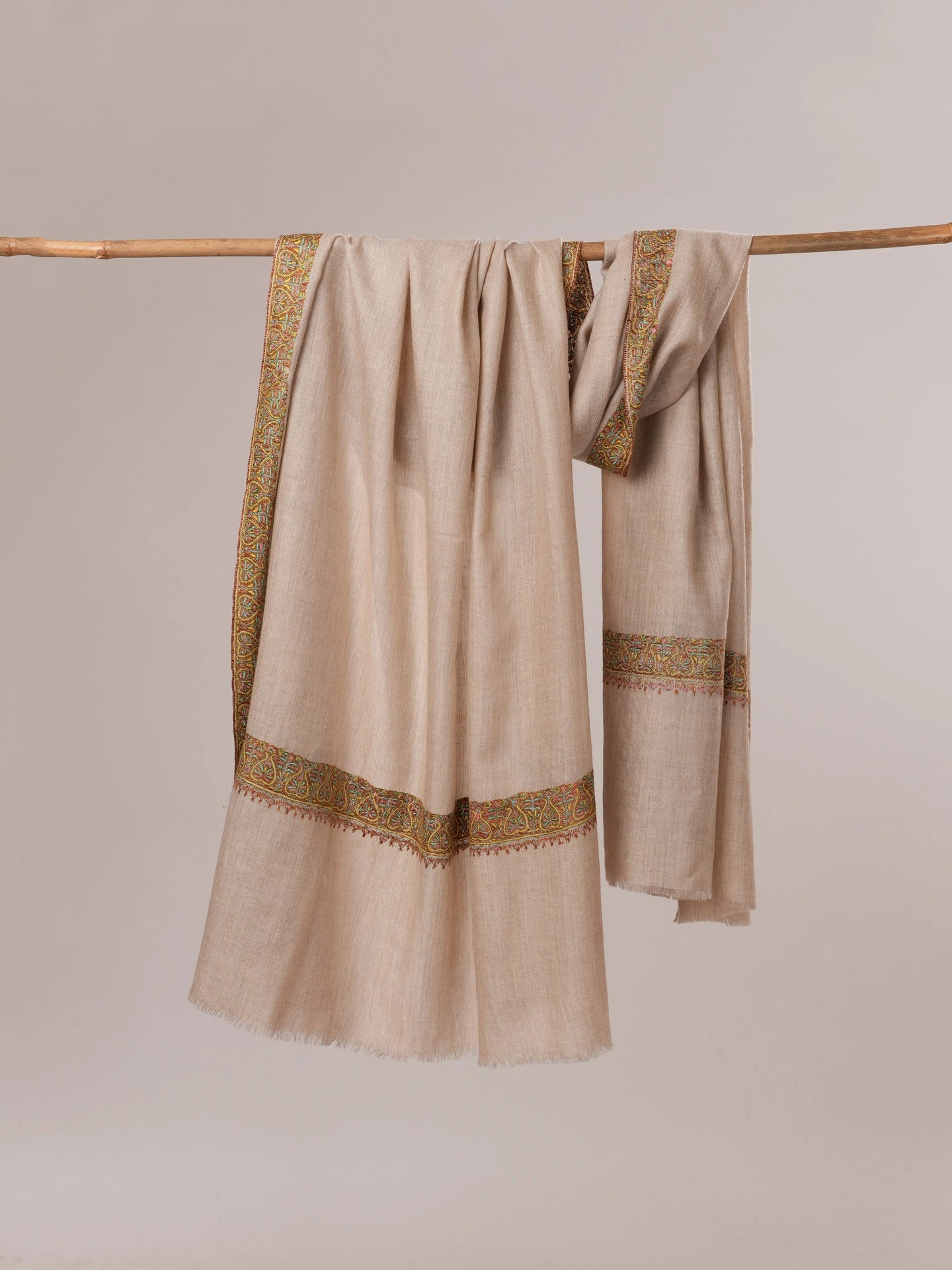 Natural Grey Neemdaur Hand Embroidered Pashmina Shawl Shahkaar.com
