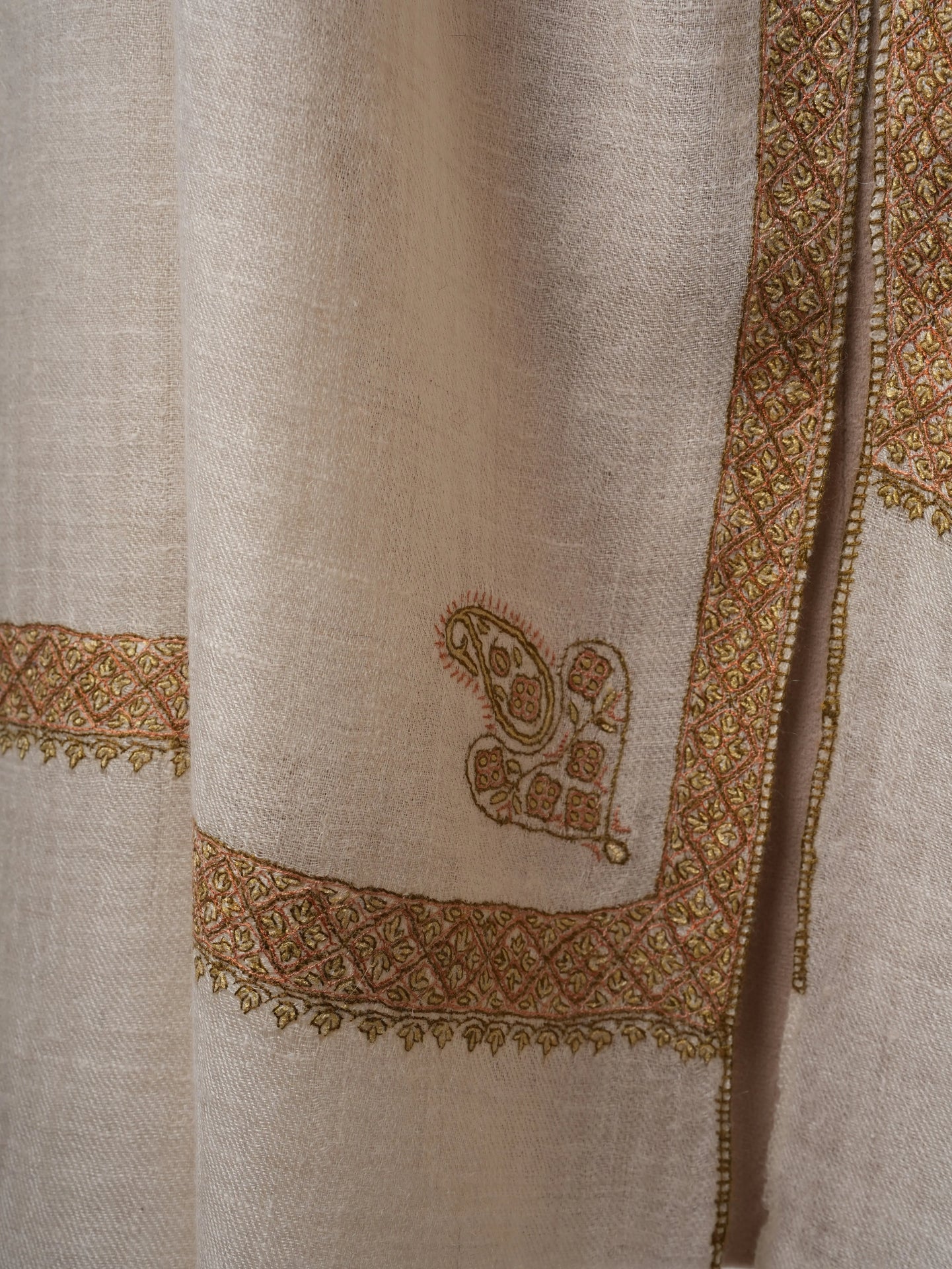 Featherlight Ivory Cashmere Scarf Featuring Traditional Hashia Embroidery Shahkaar