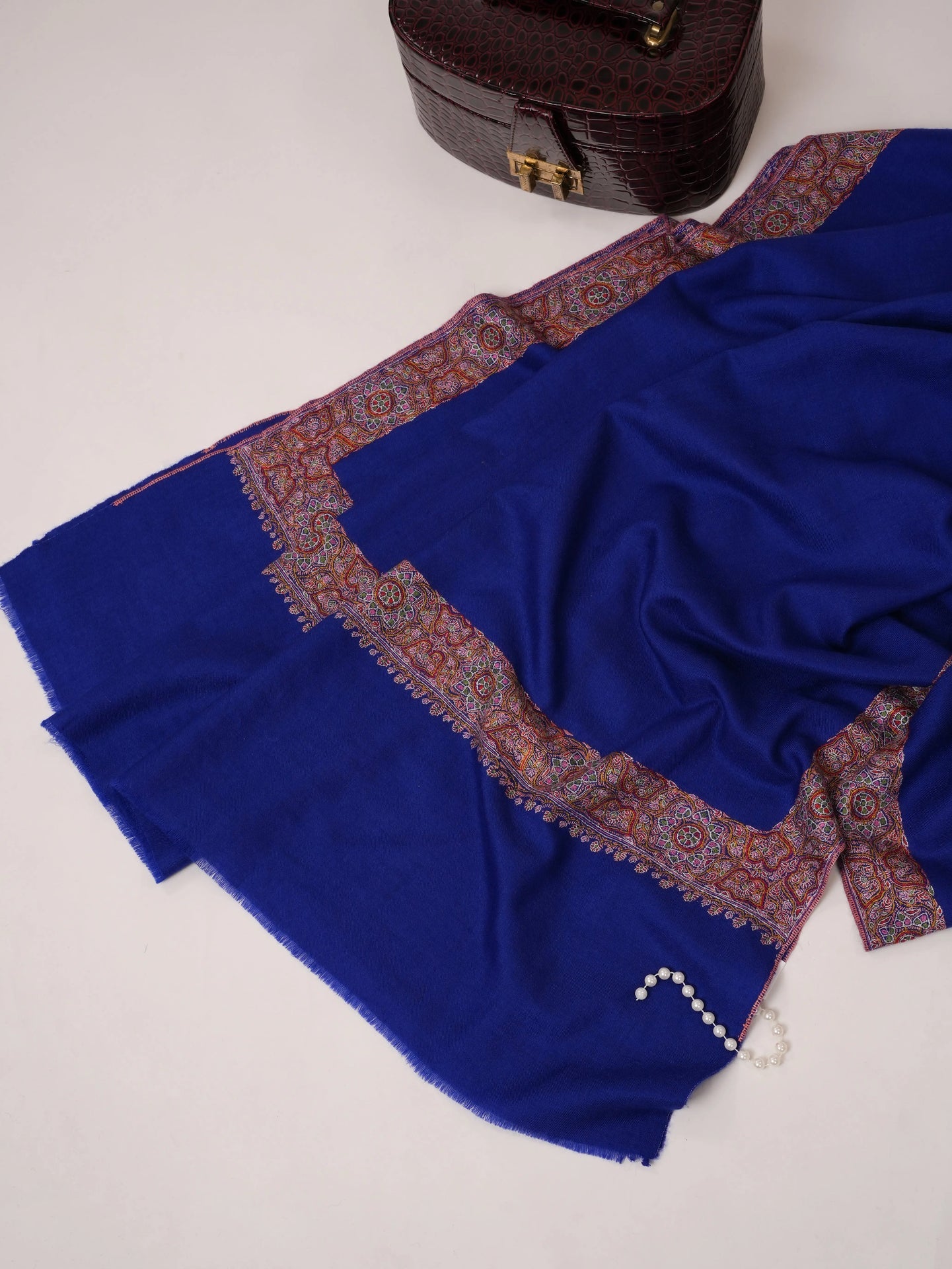 Blue Neemdaur Traditional Sozni Hand Embroidered Pashmina Shawl Shahkaar.com
