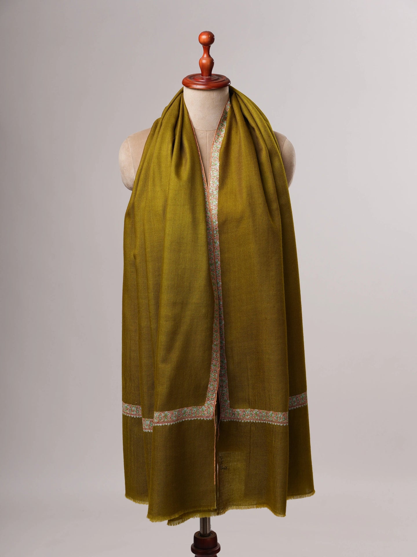 Olive Pure Pashmina Shawl with Handcrafted Hashia Embroidery Shahkaar