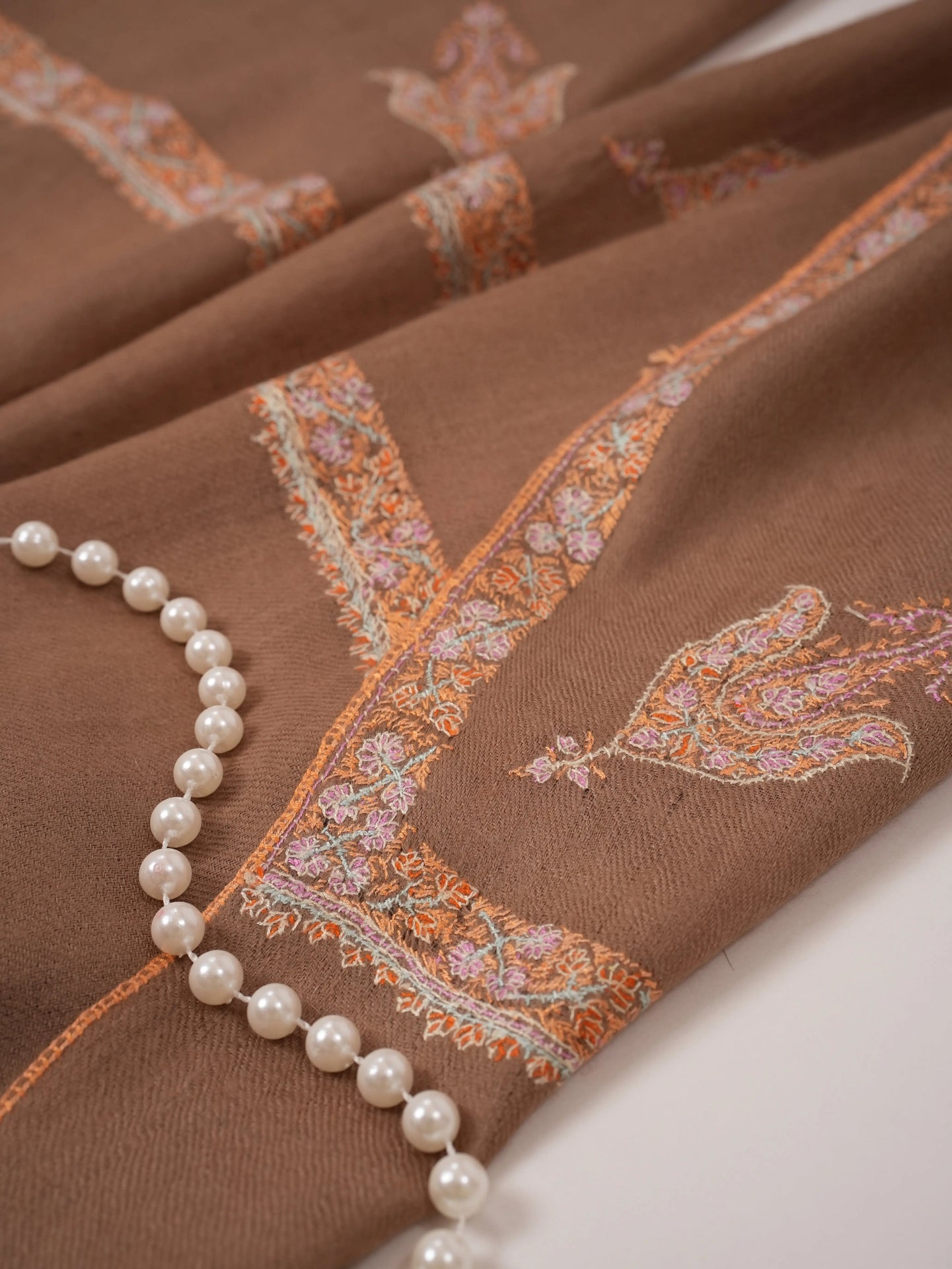 Beige Hand Embroidered Soft Cashmere Scarf Shahkaar.com