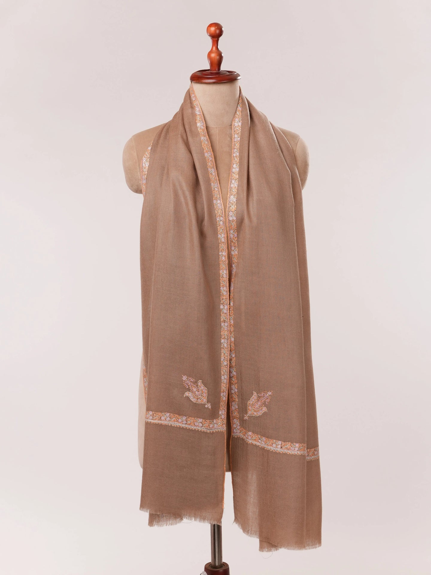 Beige Hand Embroidered Soft Cashmere Scarf Shahkaar.com