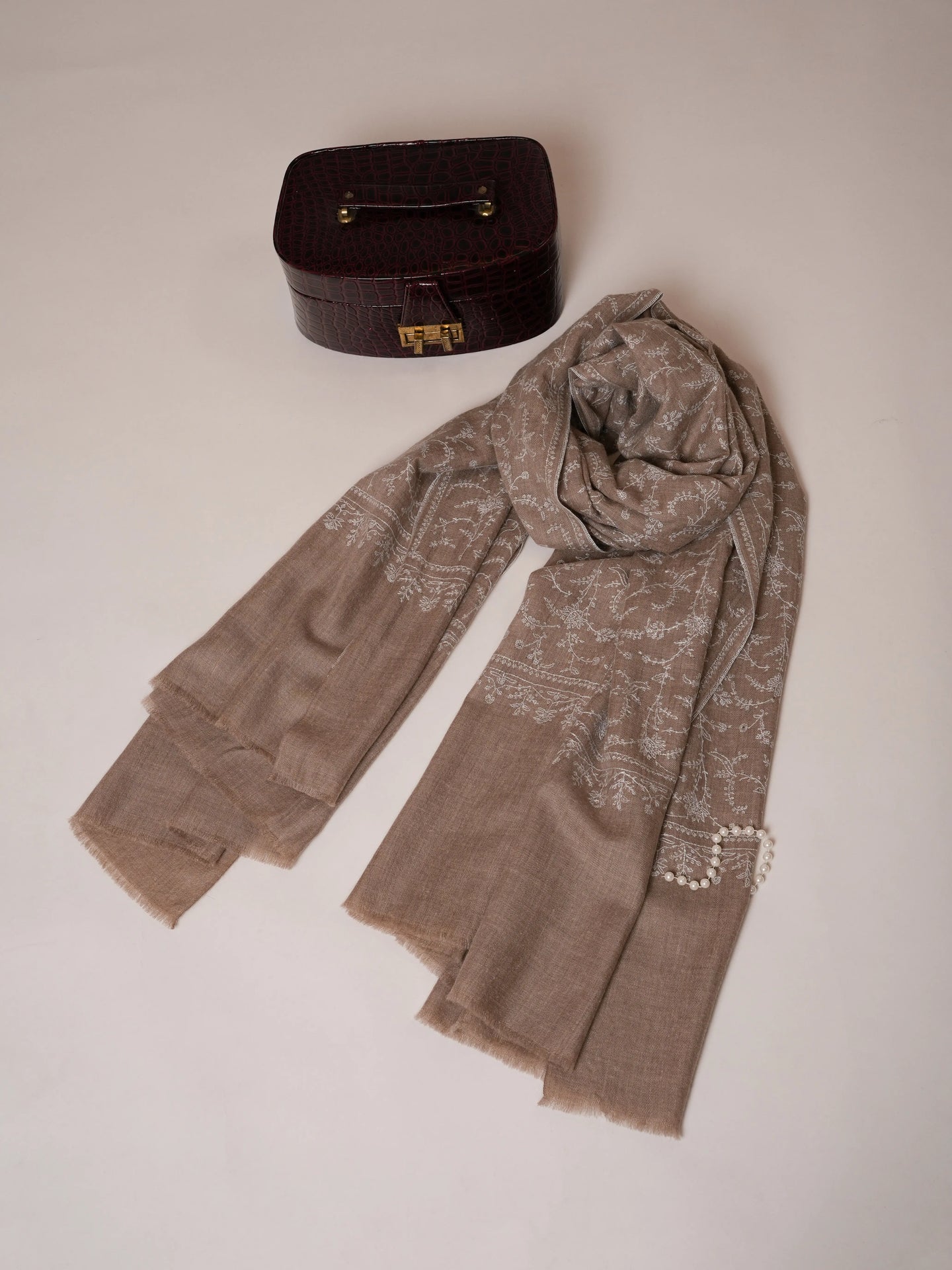 Natural Grey Pashmina Jali Shawl with White Hand Sozni Embroidery Shahkaar Global