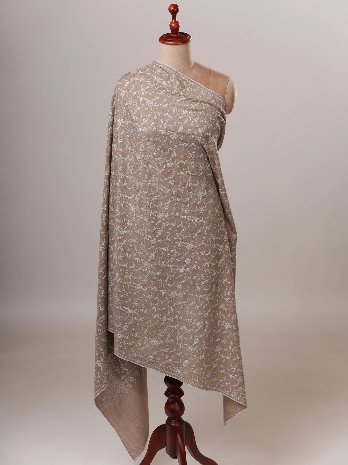 Natural Grey Pashmina Jali Shawl with White Hand Sozni Embroidery Shahkaar Global
