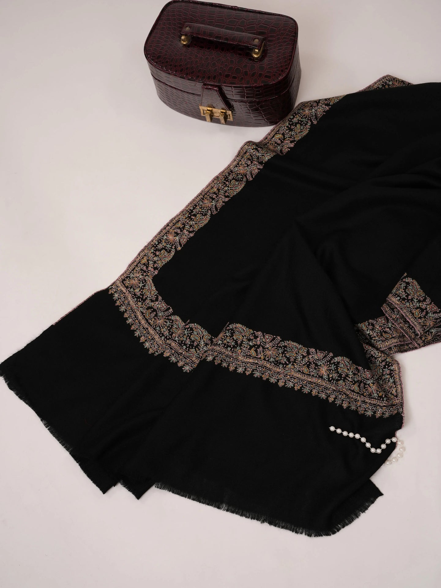 Black Neemdaur Hand Embroidered Pure Pashmina Shawl Shahkaar.com