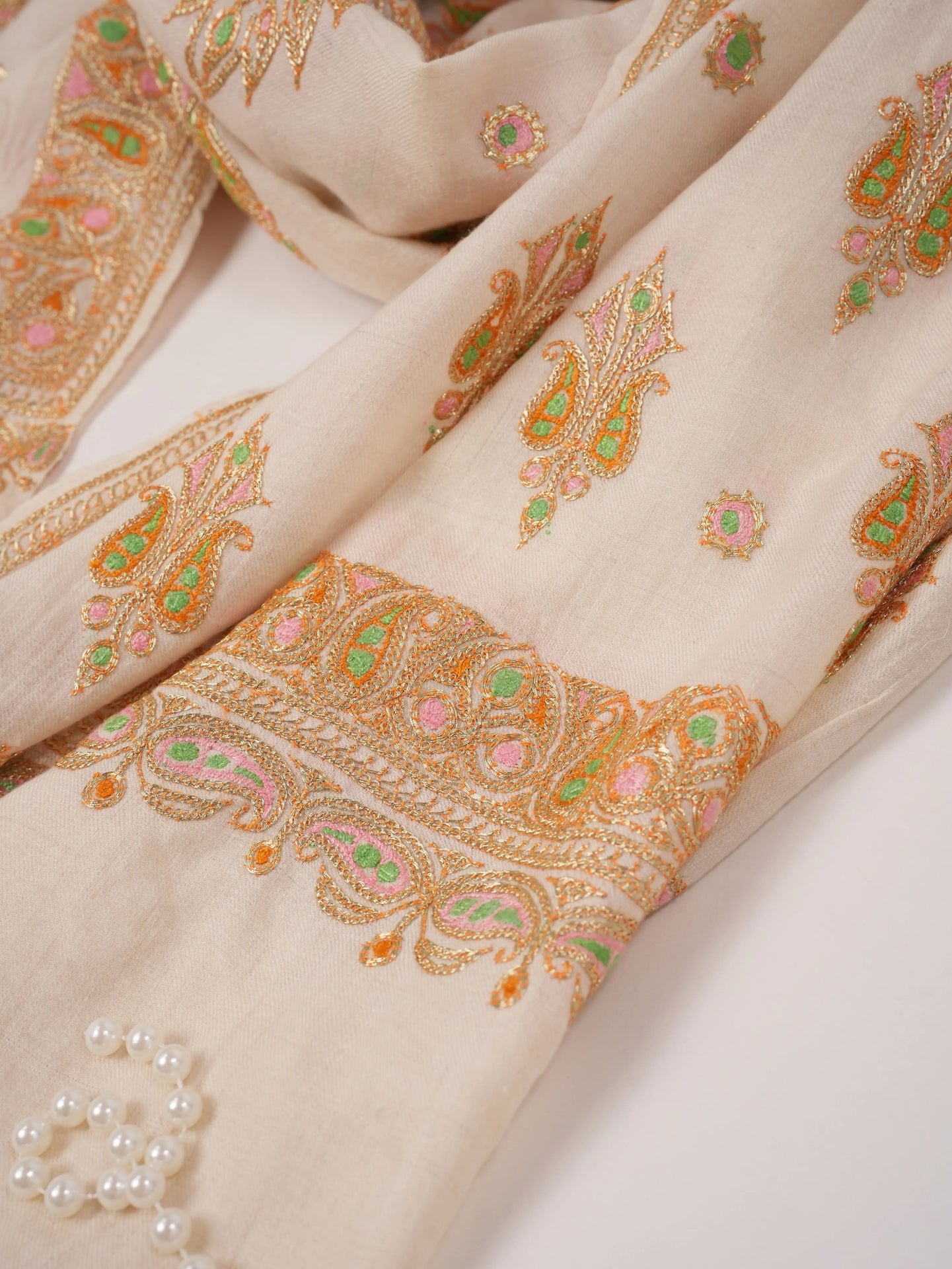 Hand Gold Tilla Buteh Embroidered Natural White Handwoven Pashmina Shawl Shahkaar.com