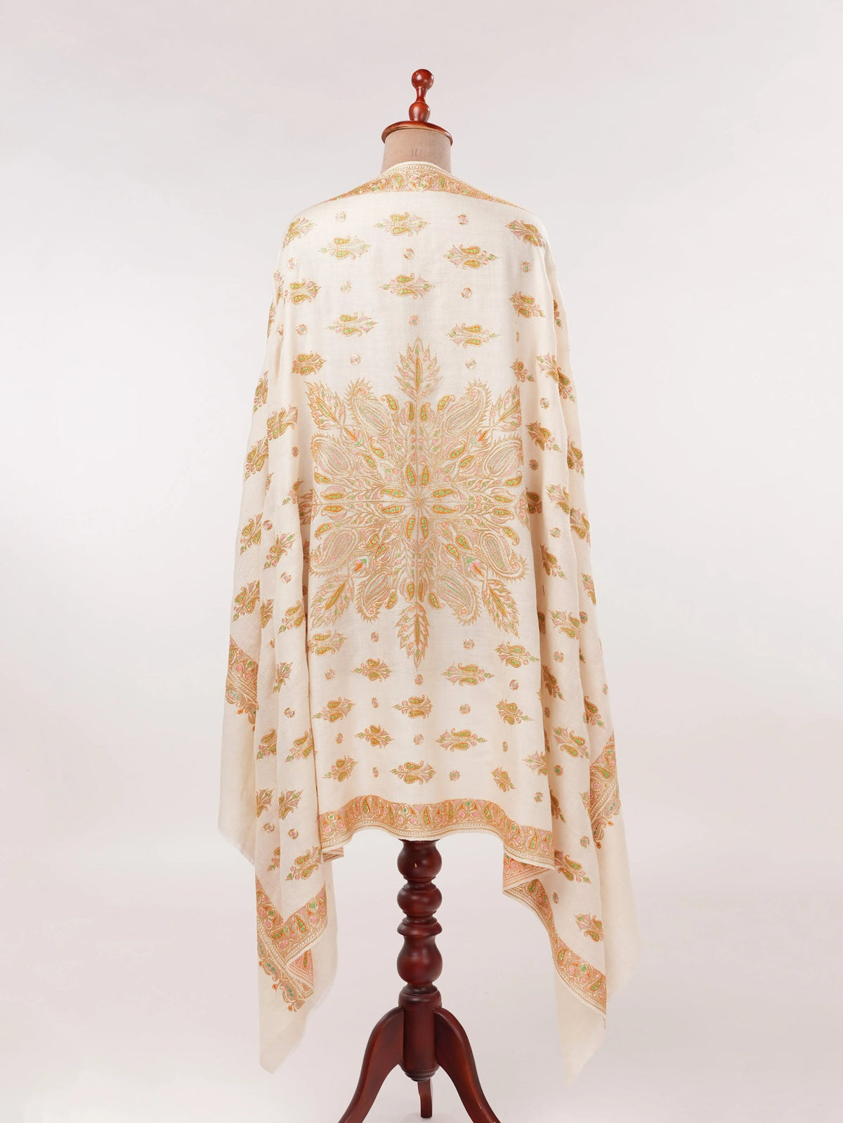 Hand Gold Tilla Buteh Embroidered Natural White Handwoven Pashmina Shawl Shahkaar.com