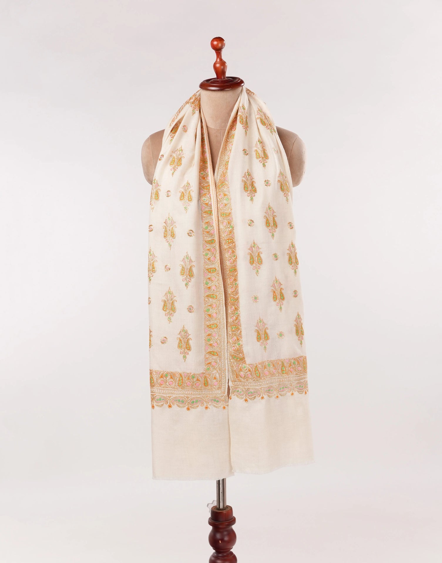Hand Gold Tilla Buteh Embroidered Natural White Handwoven Pashmina Shawl Shahkaar.com