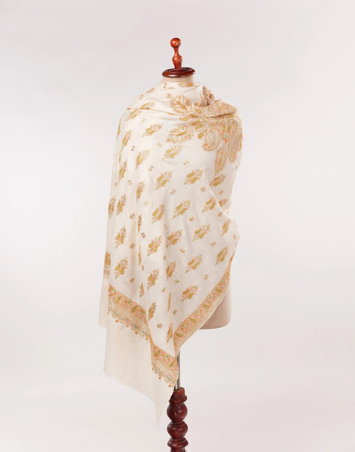 Hand Gold Tilla Buteh Embroidered Natural White Handwoven Pashmina Shawl Shahkaar.com