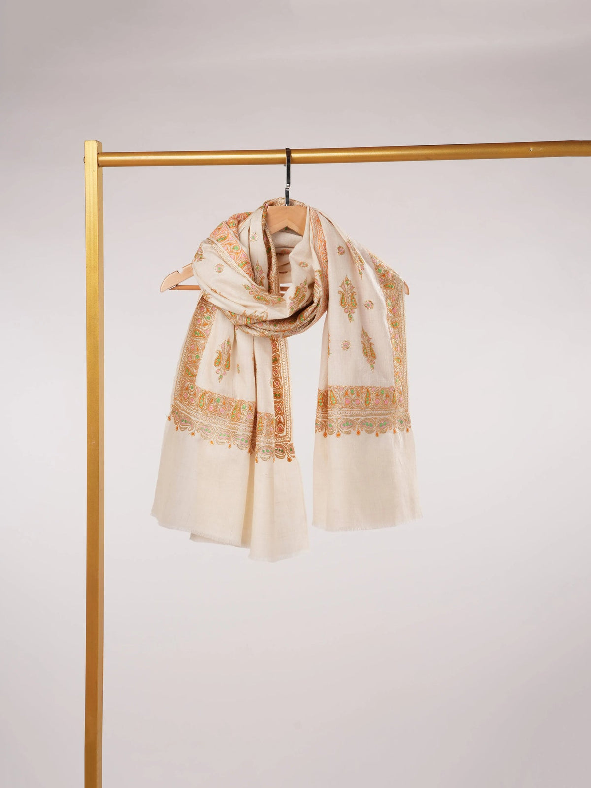 Hand Gold Tilla Buteh Embroidered Natural White Handwoven Pashmina Shawl Shahkaar.com