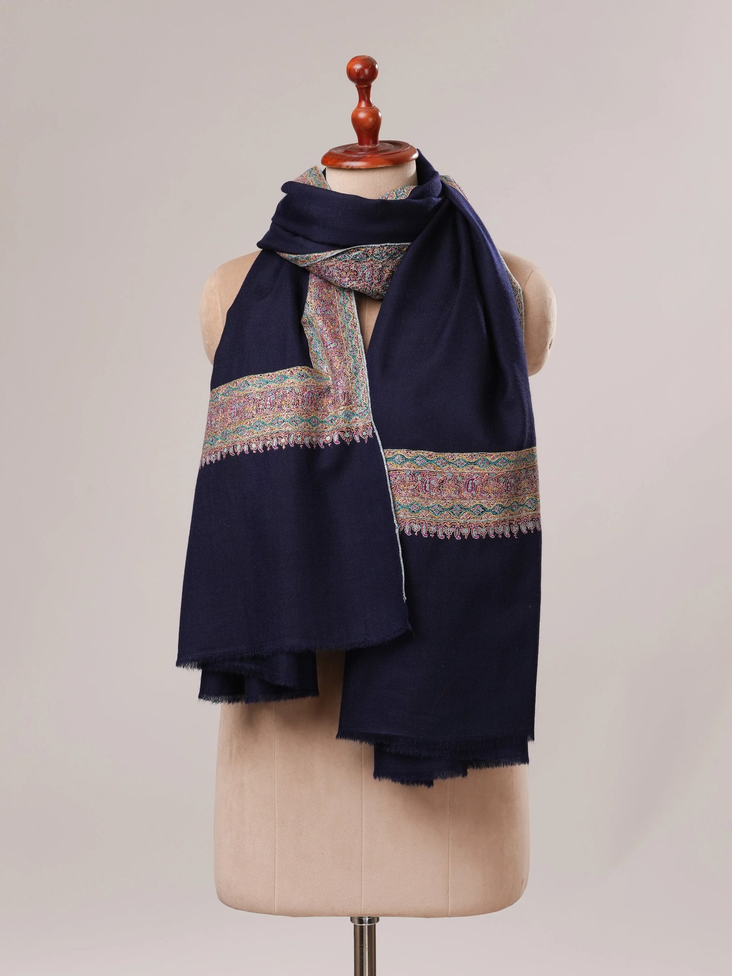 Navy Pashmina Shawl with Daurdar Fine Needle Hand Embroidery Shahkaar.com