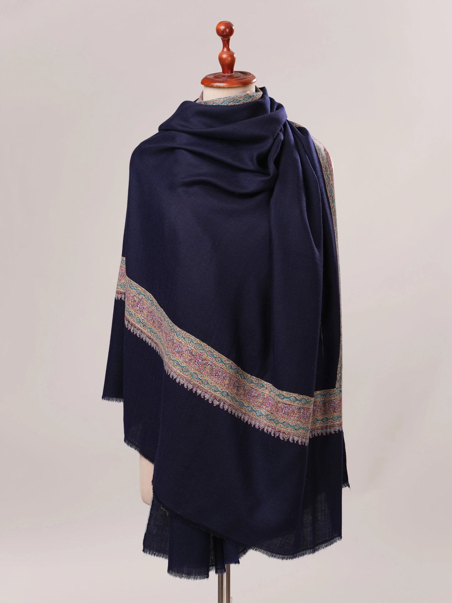 Navy Pashmina Shawl with Daurdar Fine Needle Hand Embroidery Shahkaar.com
