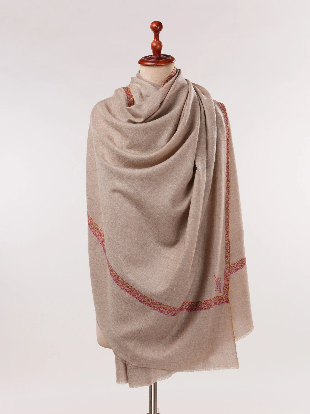 Natural Taupe Pashmina Shawl with Classic Hand Embroidery Shahkaar.com