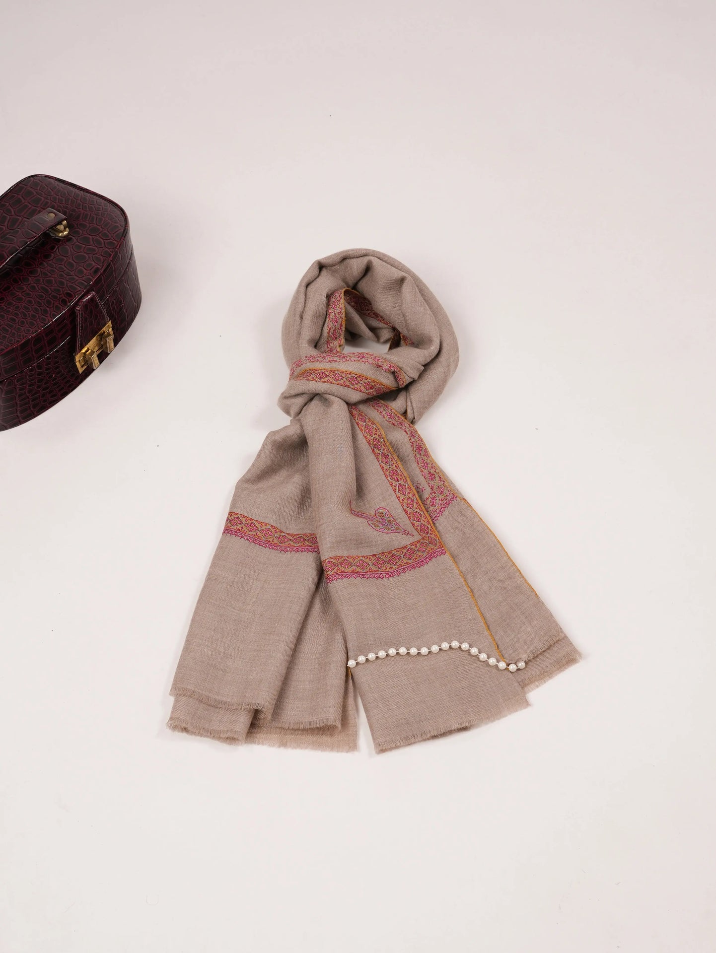 Natural Taupe Pashmina Shawl with Classic Hand Embroidery Shahkaar.com