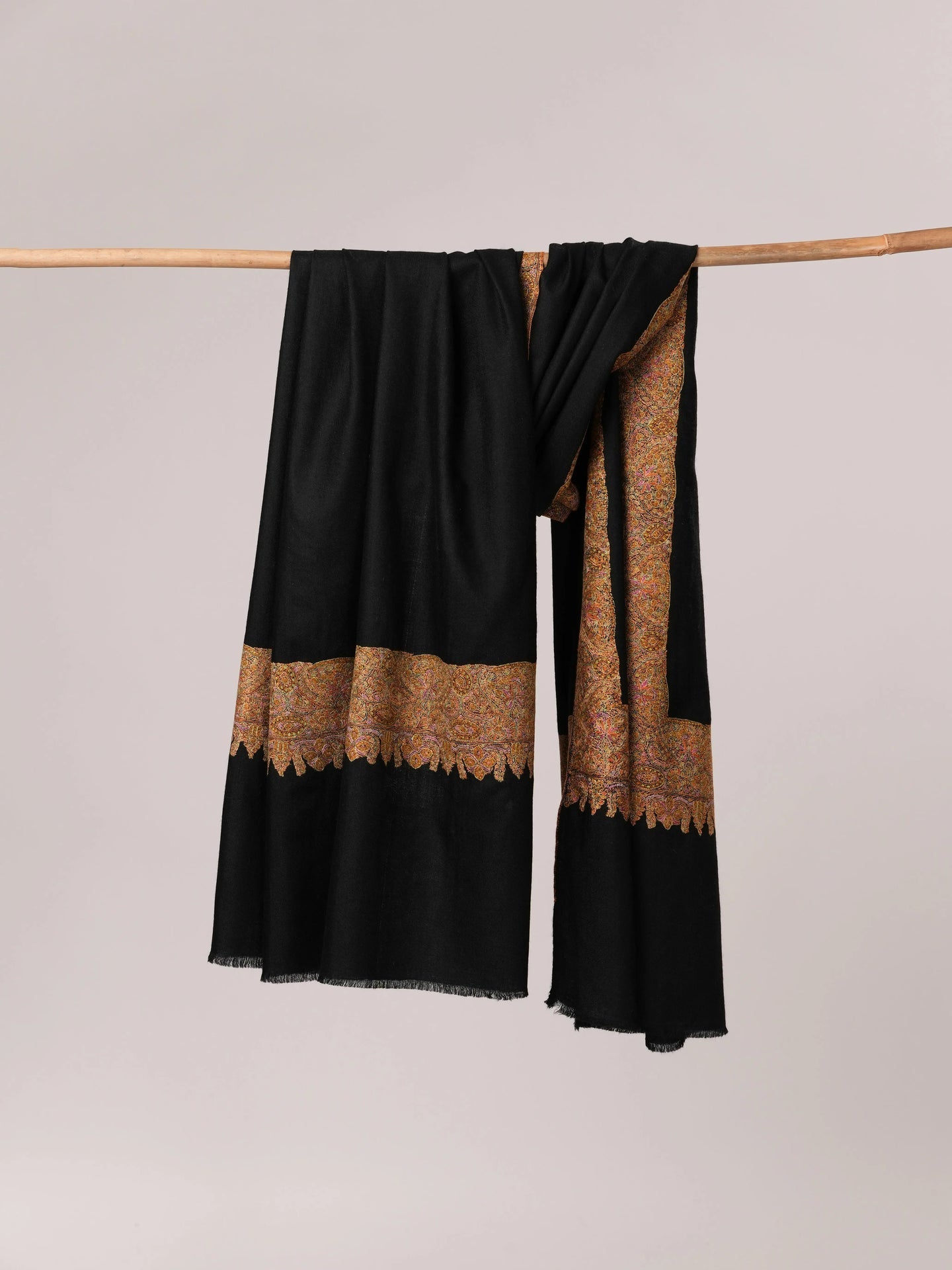 Black Pashmina Shawl with Classic Golden Daur Hand Embroidery Shahkaar.com
