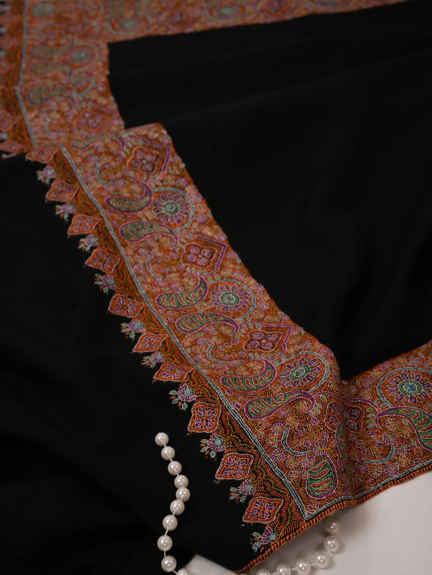 Black Pashmina Shawl with Traditional Daurdar Hand Embroidery Shahkaar.com