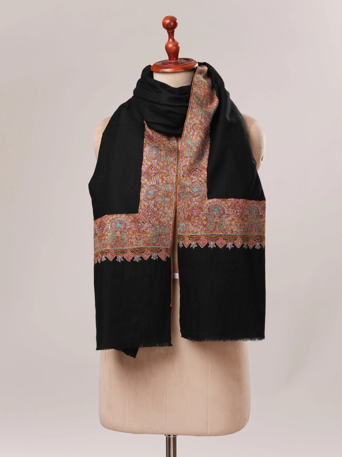 Black Pashmina Shawl with Traditional Daurdar Hand Embroidery Shahkaar.com