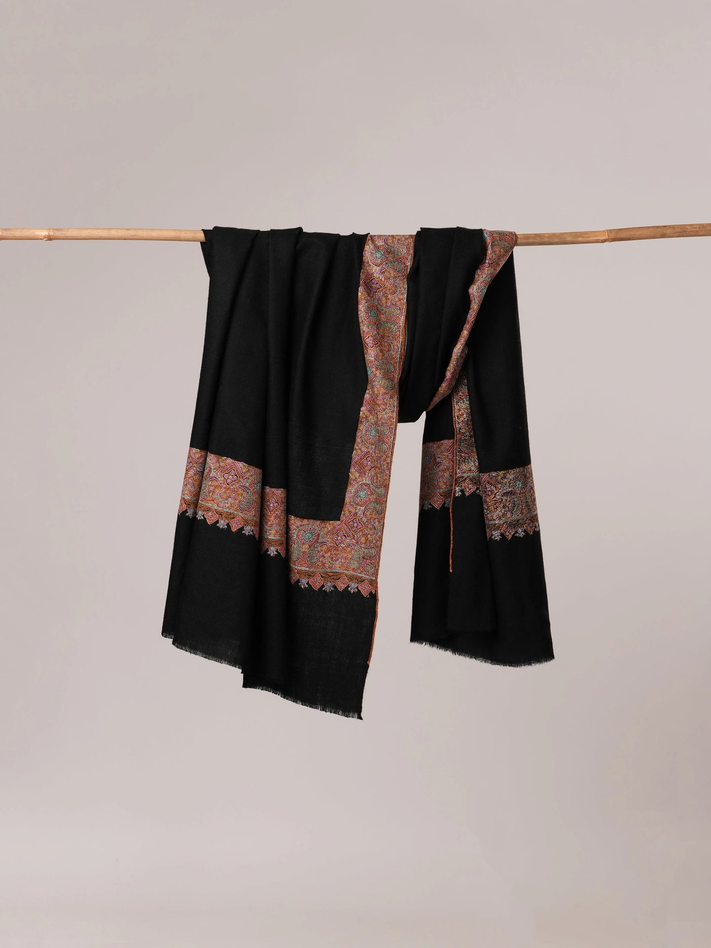 Black Pashmina Shawl with Traditional Daurdar Hand Embroidery Shahkaar.com
