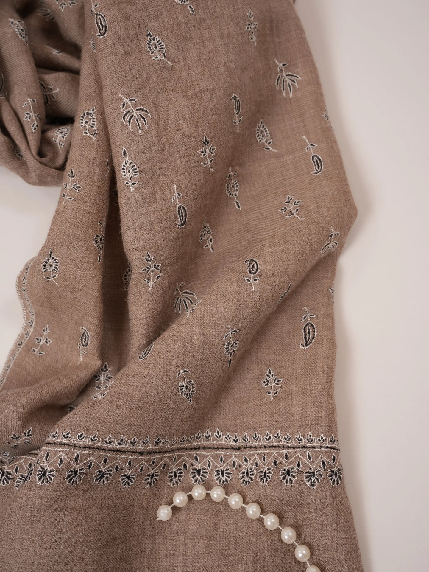 Handwoven Natural Taupe Beige Premium Pashmina Shawl with Kashmiri Sozni Buteh Embroidery Shahkaar.com