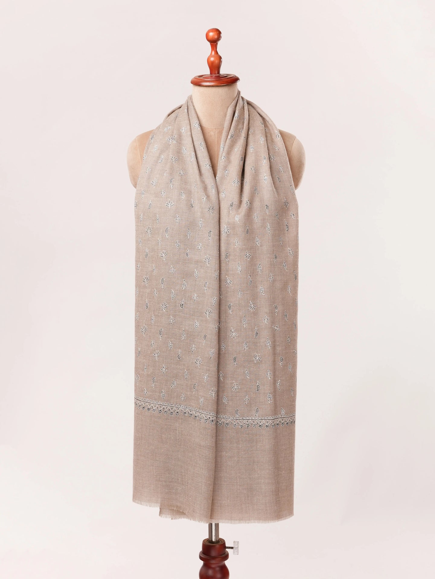 Handwoven Natural Taupe Beige Premium Pashmina Shawl with Kashmiri Sozni Buteh Embroidery Shahkaar.com