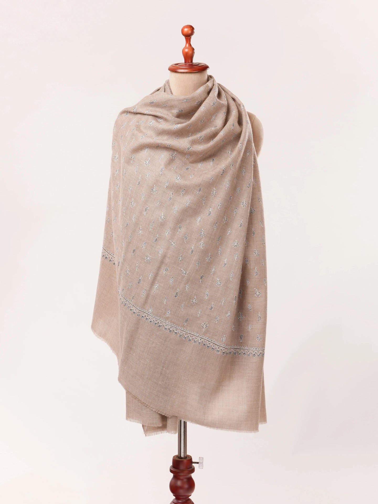 Handwoven Natural Taupe Beige Premium Pashmina Shawl with Kashmiri Sozni Buteh Embroidery Shahkaar.com