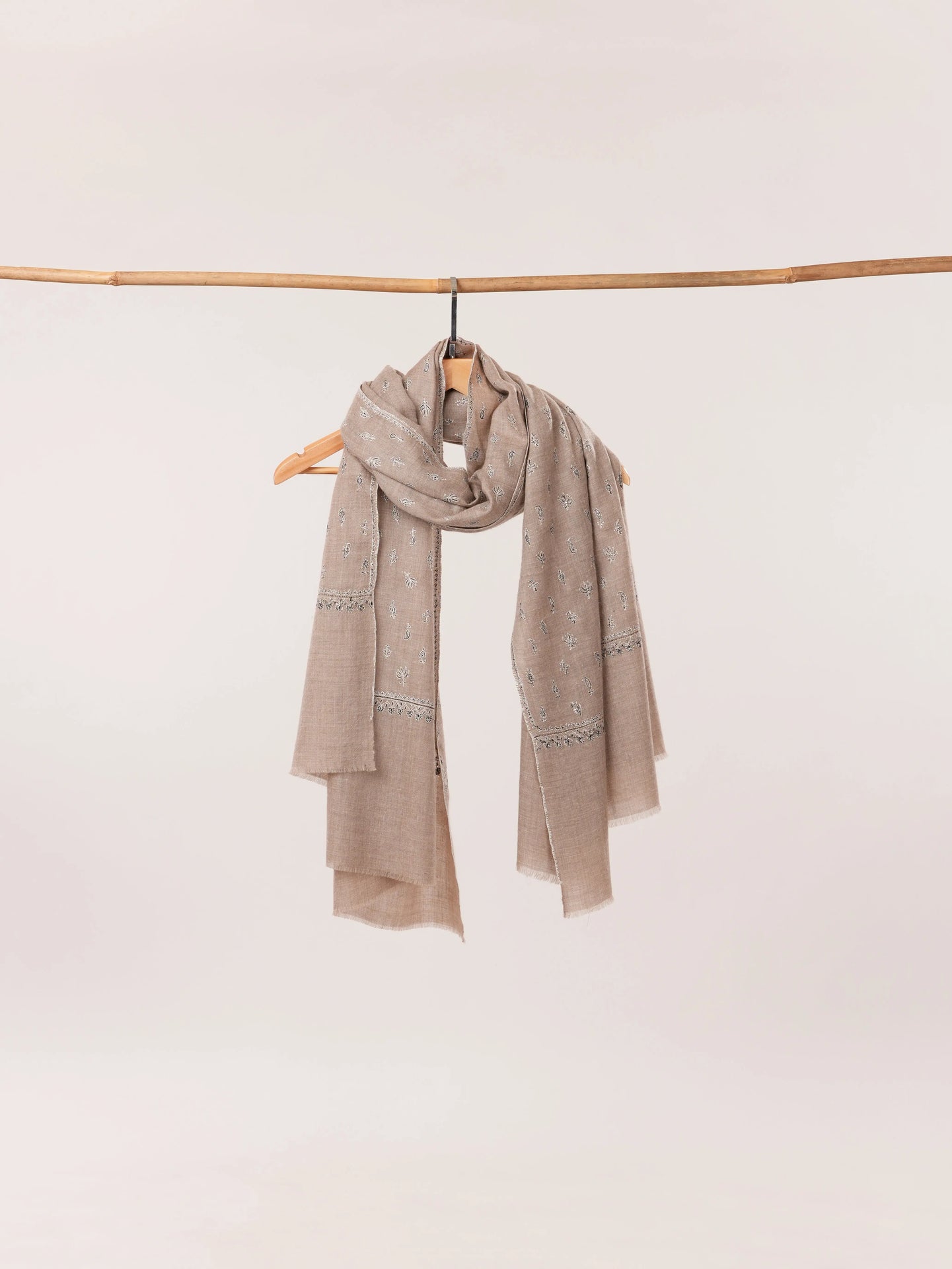 Handwoven Natural Taupe Beige Premium Pashmina Shawl with Kashmiri Sozni Buteh Embroidery Shahkaar.com