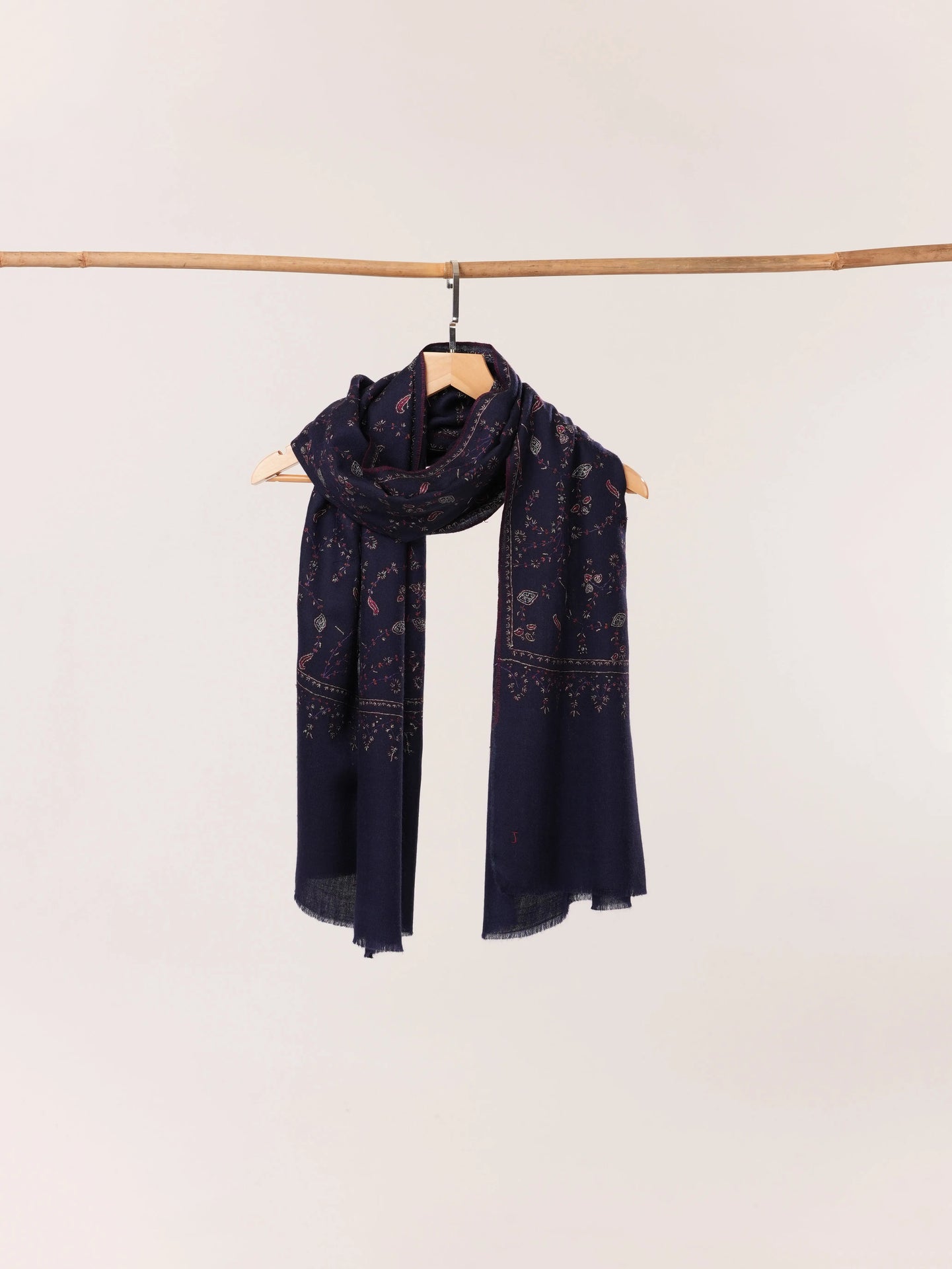 Dark Blue Cashmere Kashmiri Handwoven Scarf with Jali Embroidery Shahkaar.com
