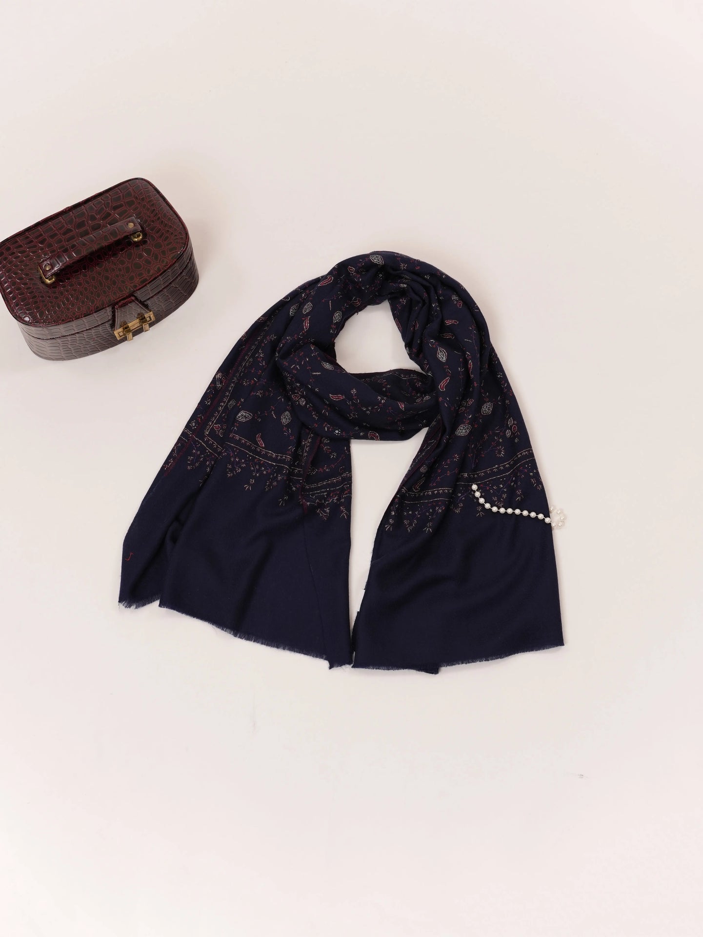 Dark Blue Cashmere Kashmiri Handwoven Scarf with Jali Embroidery Shahkaar.com