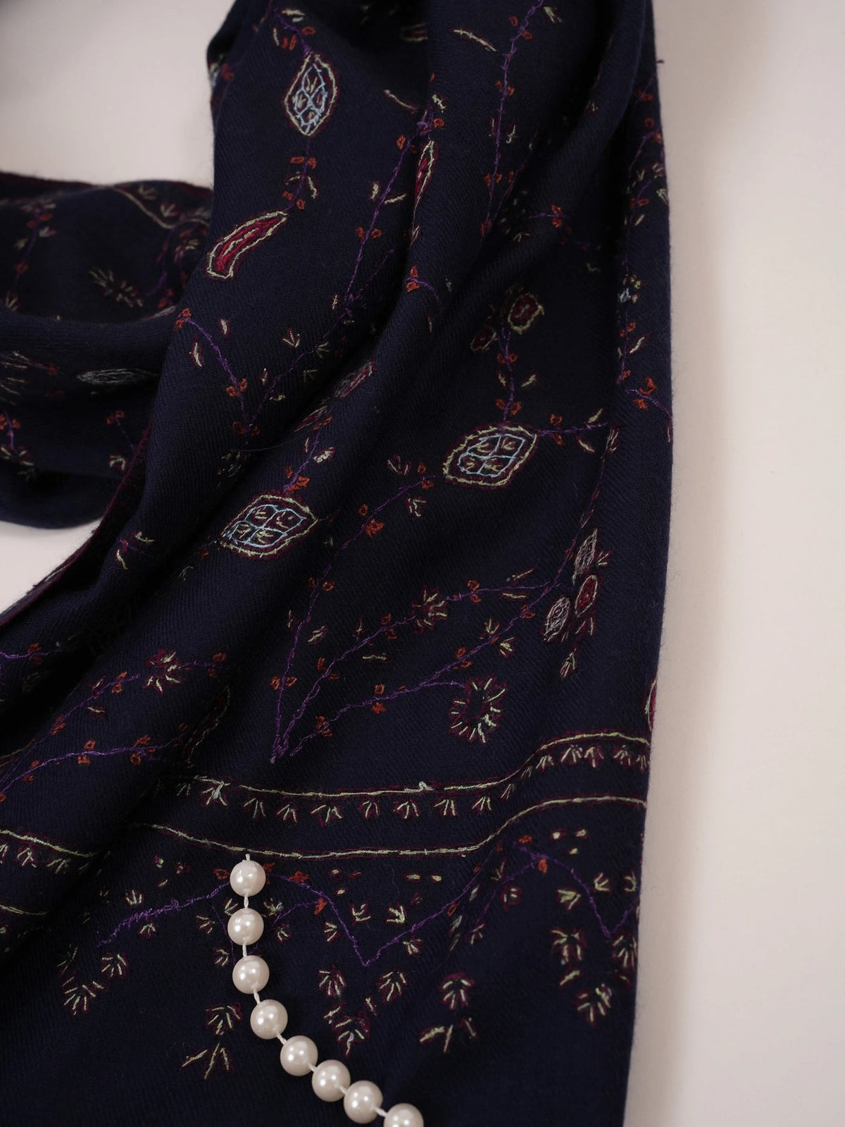 Dark Blue Cashmere Kashmiri Handwoven Scarf with Jali Embroidery Shahkaar.com