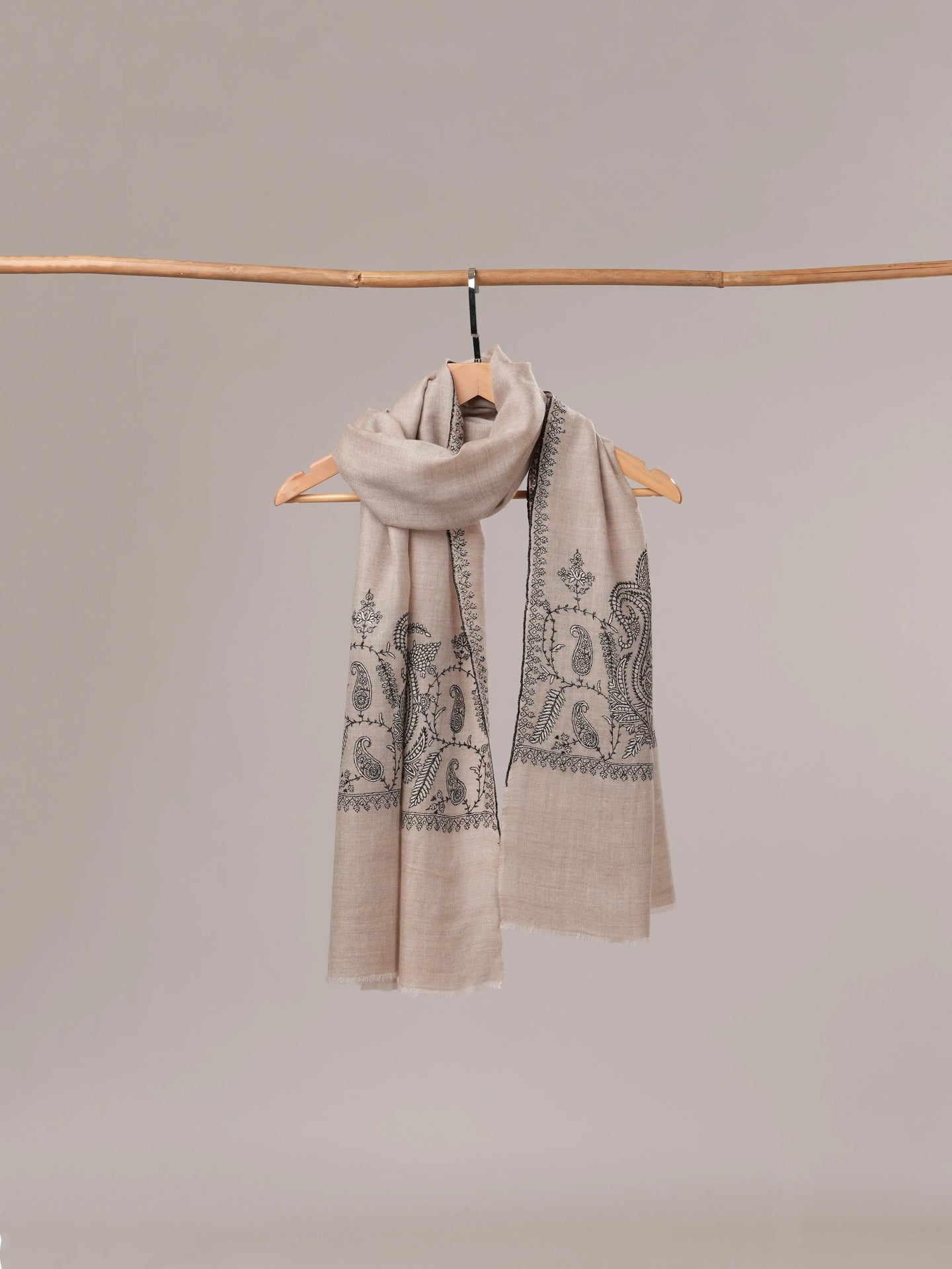 Natural Grey Cashmere Scarf with Palla Paisley Hand Embroidery Shahkaar.com